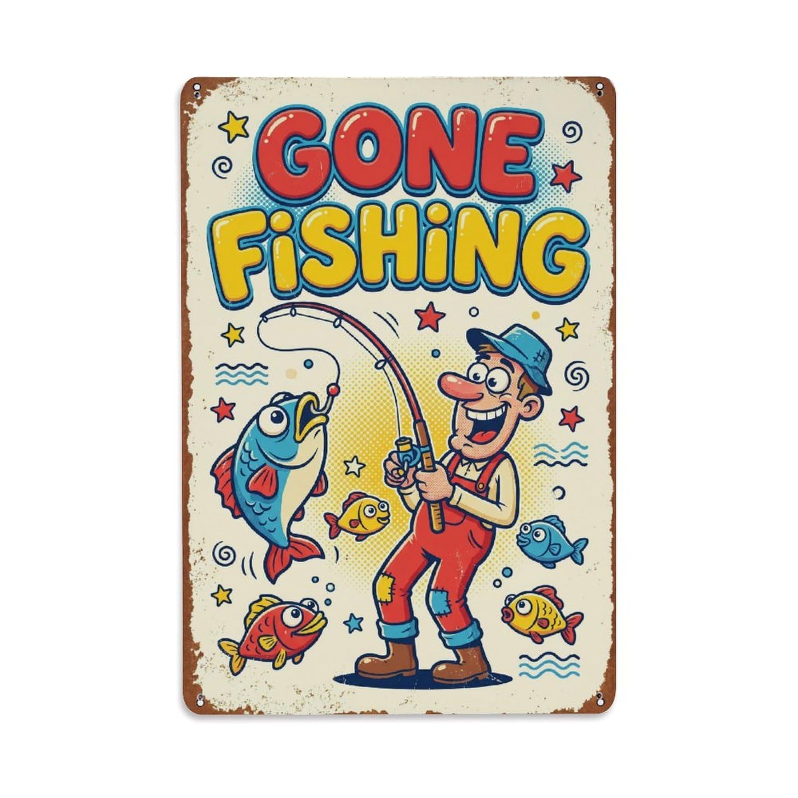 Gone Fishing Cartoon Humor Vintage Metal Tin Sign Plaque Wall Decor for Cafe, Club, Garden Metal Poster 8x12Inch