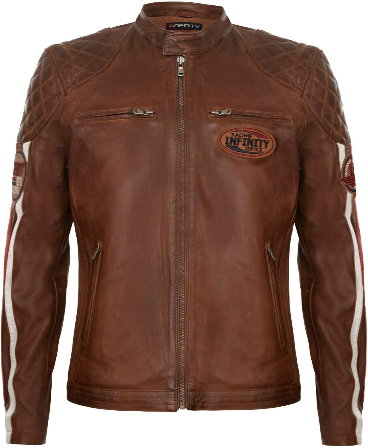 Men's Leather Biker Racing Fashion Motorcycle Jacket with White Stripes and Badges