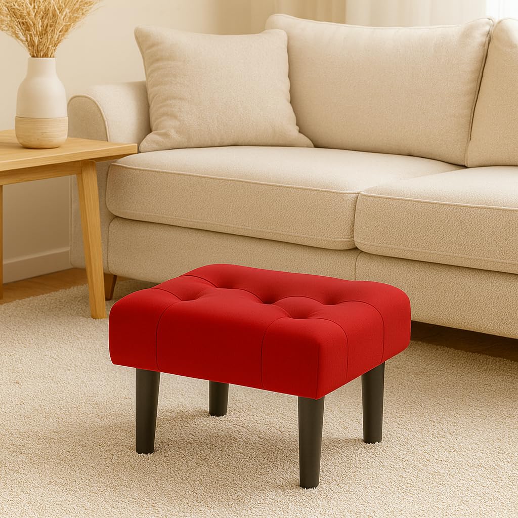 Small Footstool Ottoman, Velvet Soft Footrest Ottoman with Wood Legs， Sofa Footrest Extra Seating for Living Room Entryway Office - Red