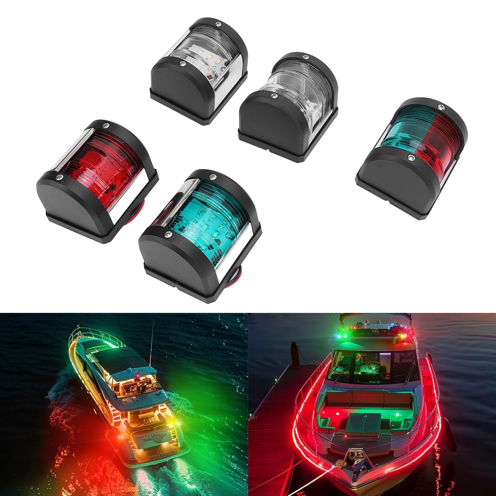 EMUKOEP 5-teiliges LED-Navigationslicht für Boote, Konstruktion aus ABS und Edelstahl 304, Wasserdicht, IP66, mit Energiesparender LED-Technologie für Schiffe Bis zu 12 M