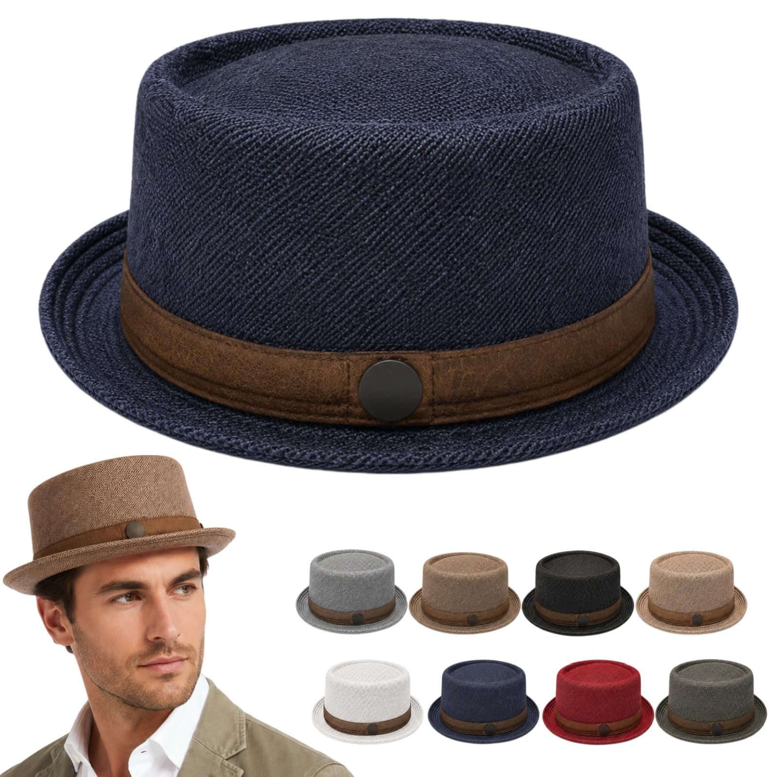Zrdlqllcjxy Unisex Navy Blue Summer Mesh Pork Pie Hat, Porkpie Fashion Hat For Men Women Vintage Bowler Derby Cap, Cool Cooling Beach Party Cap (Navy Blue)