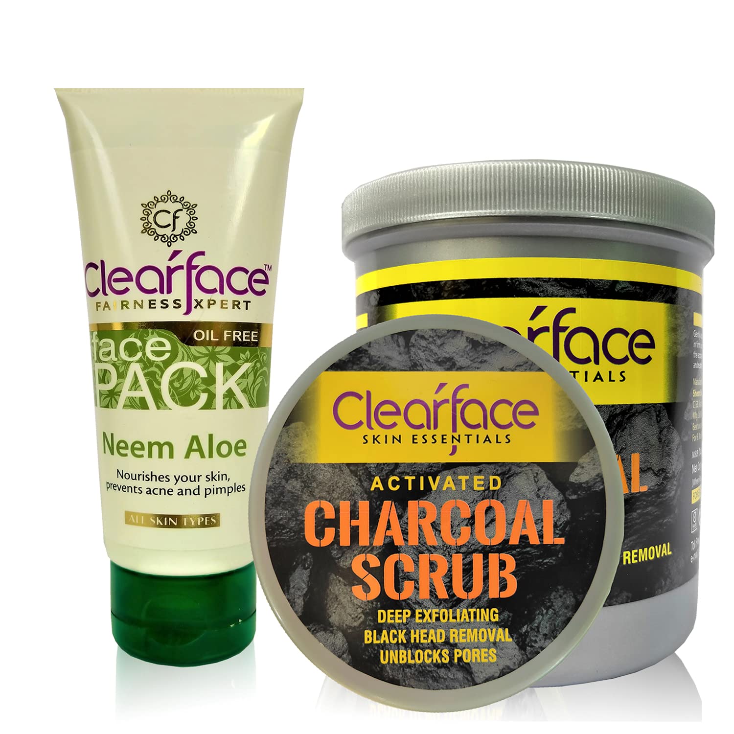 ClearFace Neem Aloe Face Pack(75g) With Activated Charcoal Scrub(500g) / Pore Cleansing/Nourishment/Gift Combo