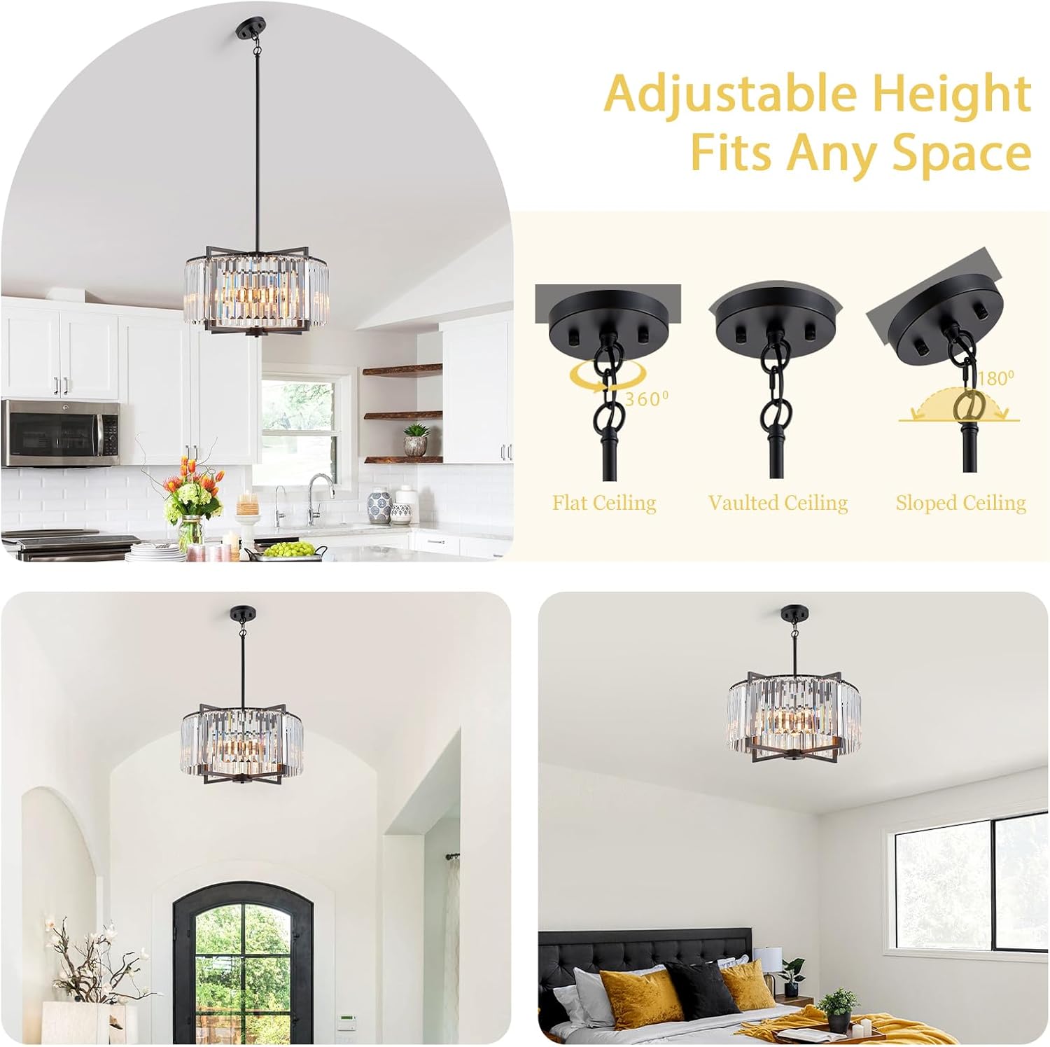 Black Crystal Chandelier Modern Drum Pendant Lighting Fixture for Dining Room, 20" Farmhouse Round 5-Light for Living Room Kitchen Island Bedroom Black