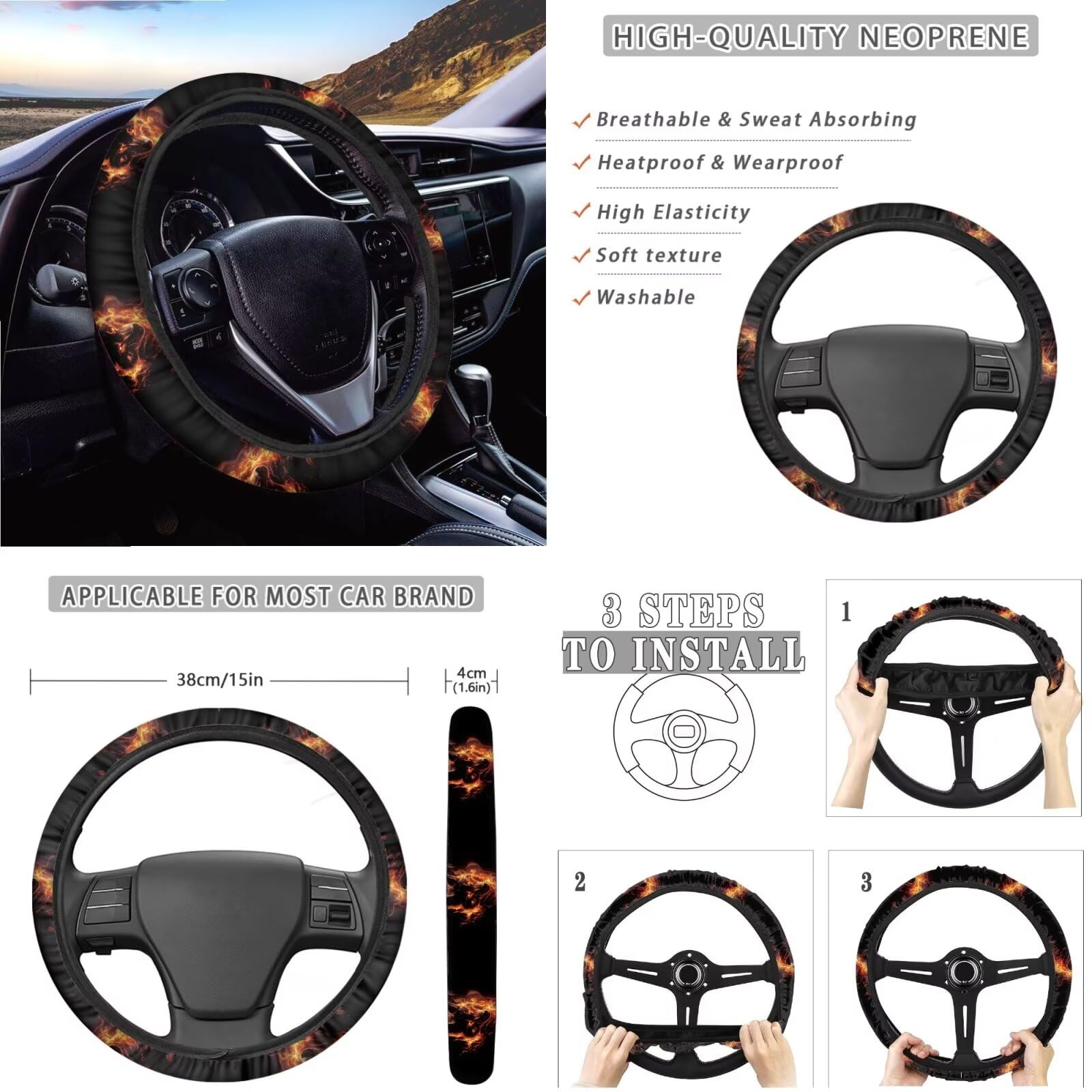 Wanyint Wolf Fire - Set completo di coprisedili per auto, accessori per auto, con coprivolante, cinghie, sottobicchieri, borsa della spazzatura, copertura per specchietto retrovisore, copertura per
