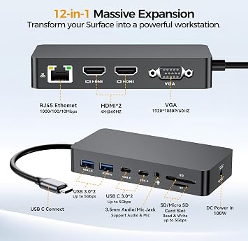 Surface Thunderbolt 4 Docking Station, 12-in-1 Surface Pro Dock Dual 4K@60Hz HDMI VGA Triple Monitor Adapter Compatible with Microsoft Surface Pro 13 12 11 10 9 8 7 X, Surface Laptop 7 6 5, Go, Book