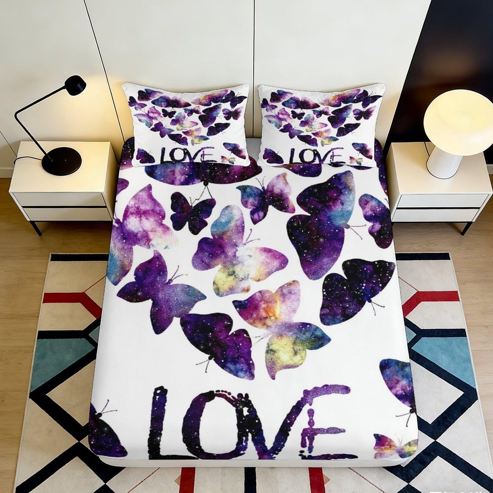 3D Printed Purple Butterfly Fitted Sheet Microfiber Soft Anti-Slip Nebula Mattress Cover for Bedroom Guestroom Decor 90x200x25cm