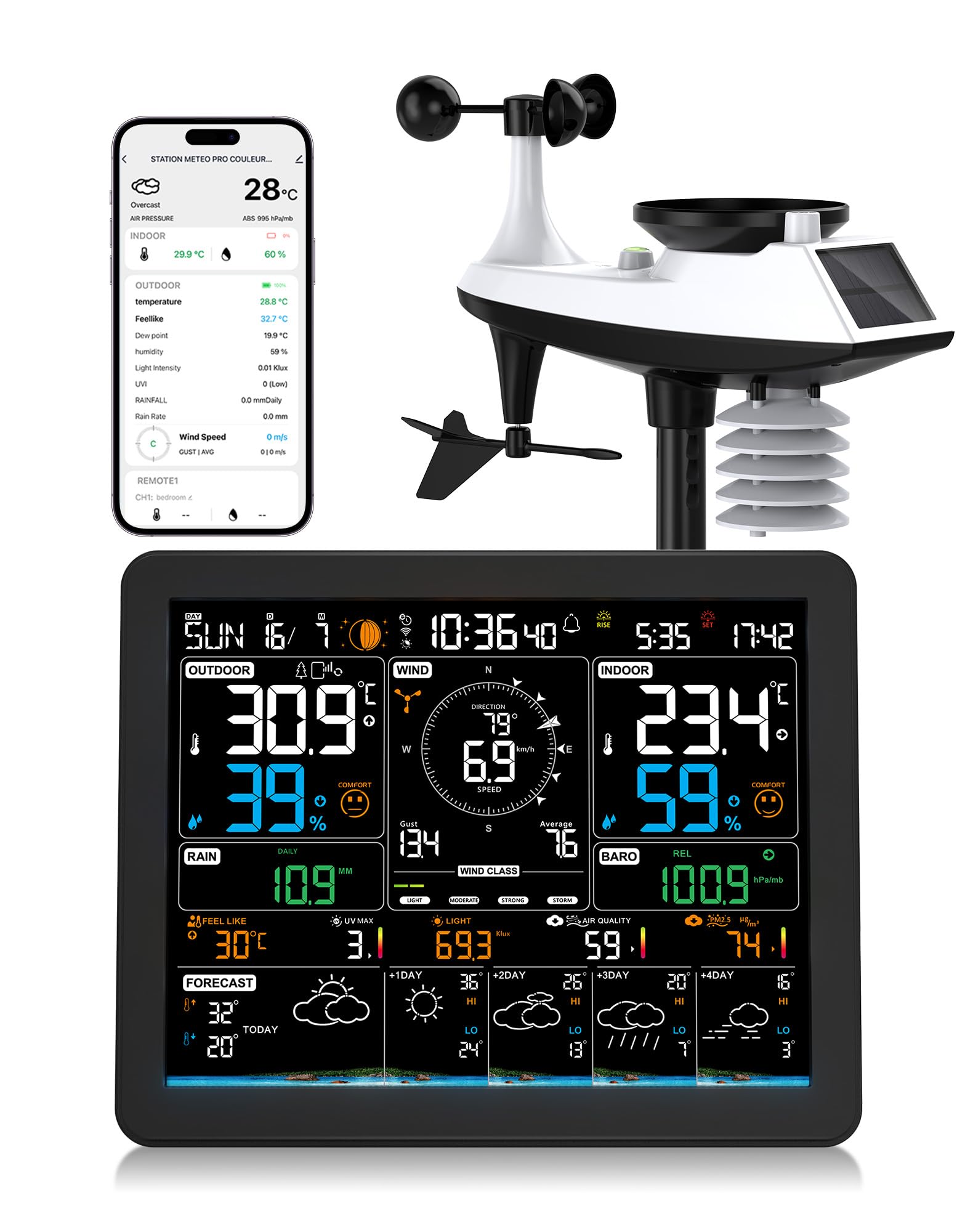 Station Meteo Interieur Exterieur Sans Fil WiFi 11-en-1 avec App