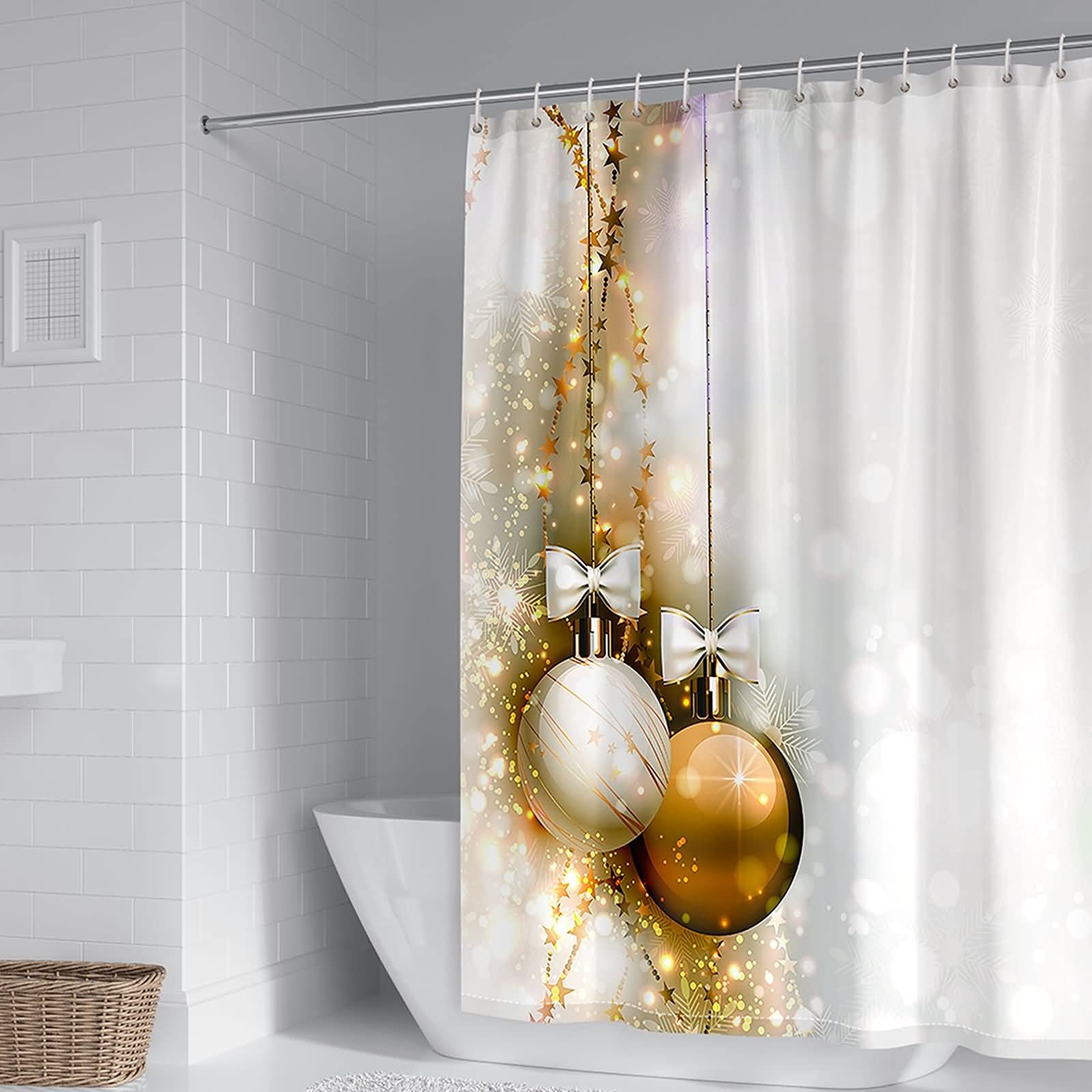 Rideau de douche polyester 165x180cm anti moisissure blanc et or avec crochet de fixation