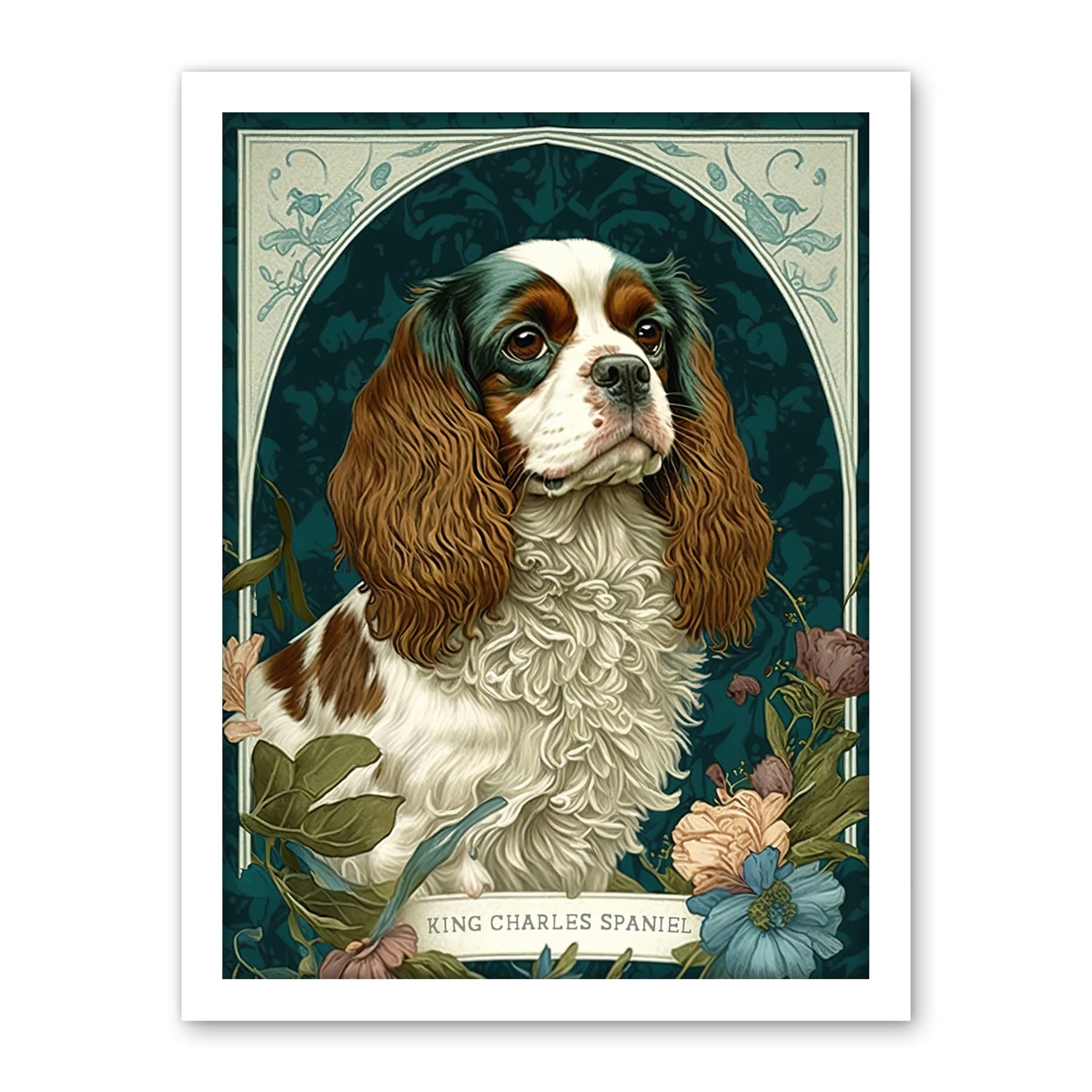 Artery8 King Charles Spaniel Dog with Flower Blooms Modern Art Nouveau Illustration Artwork Framed Wall Art Print 18X24 Inch