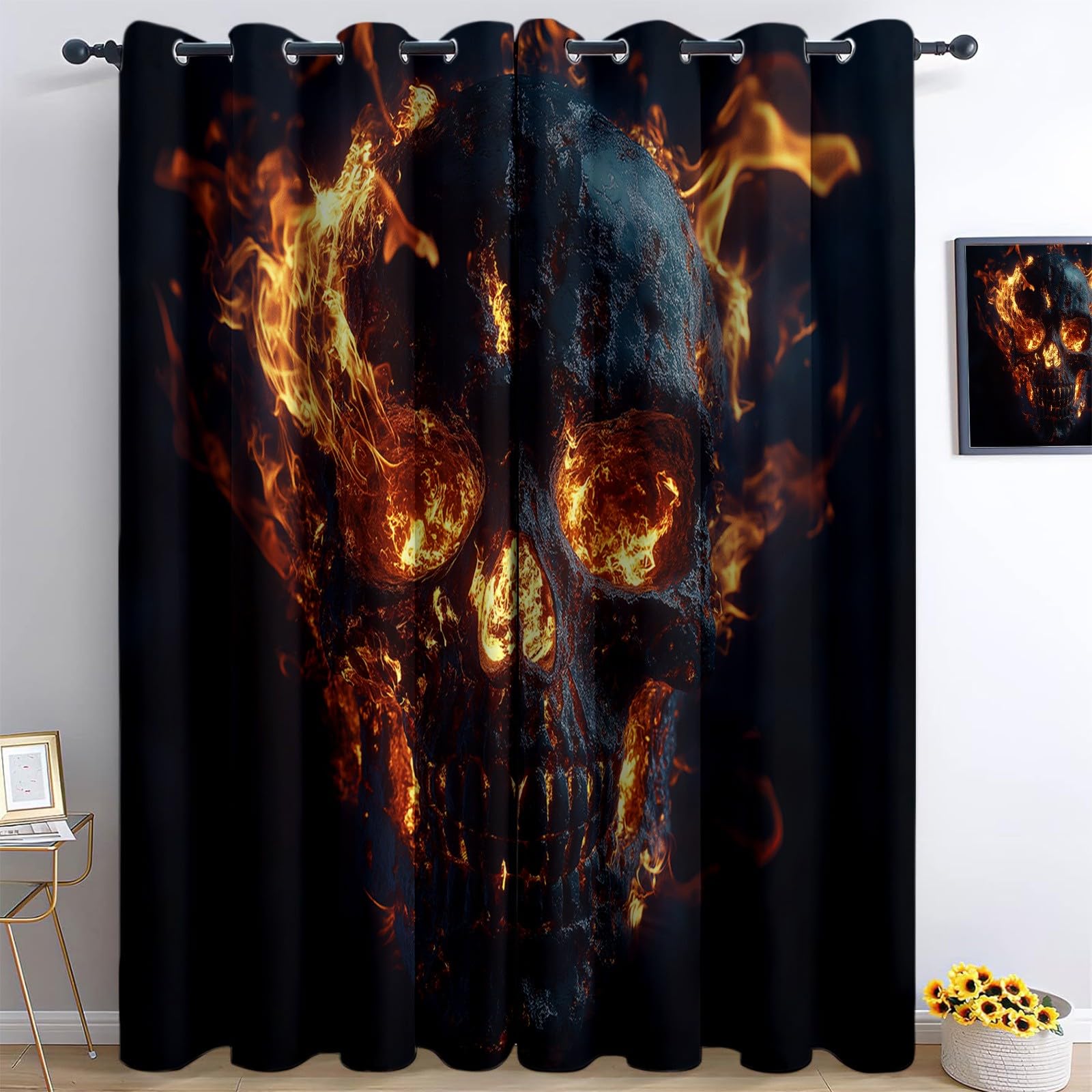 Skull Logo Flame Blackout Curtains 2 Panels 46” W x 90” L Drop Room Darkening Polyester Fabric Eyelet Curtain 3D Thermal Insulated Window Drapes for Living Room
