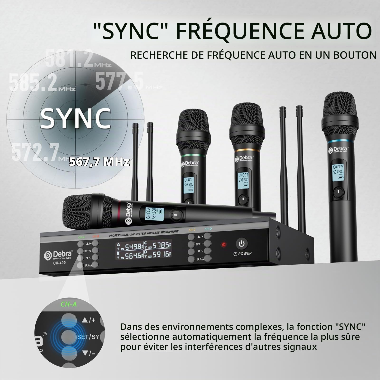 D Debra UX-400 Micros sans Fil UHF, 4 Canaux Rechargeables Scène Karaoké