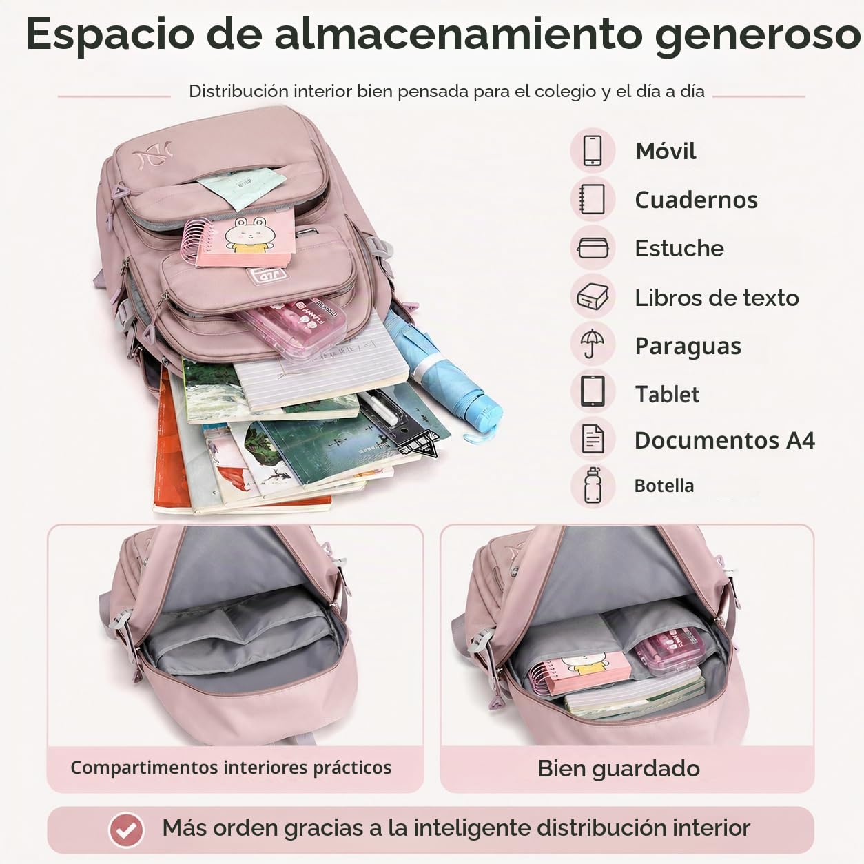 JANSBEN Mochilas Escolares Niña Niño Backpack Juveniles Adolescentes Impermeable Nylon Multi-Bolsillo 30L