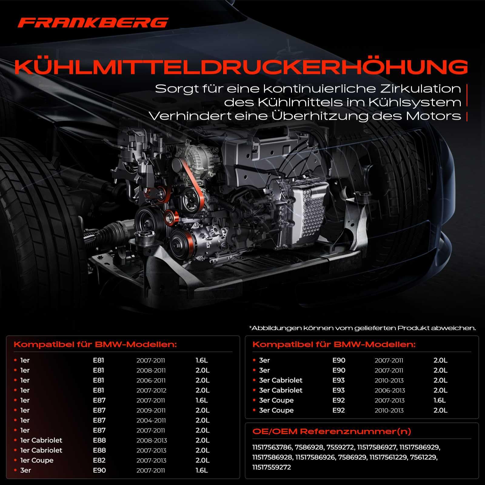 Frankberg Wasserpumpe Motorkühlung Elektrisch 4-Polig Kompatibel mit 1er E81 E87 3er E90 3er Coupe E92 5er E60 5er Touring E61 Replace# 11517559272