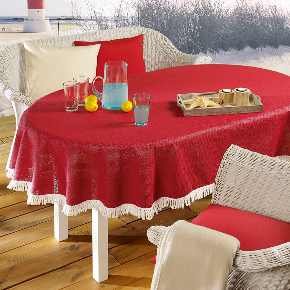 EMHELLE Tuintafelkleed, voor tuin, balkon, terras, tafelkleed, voor camping, picknick, rond, ovaal, rechthoekig, voor buiten en binnen, antislip oppervlak, met witte franjes, 130 cm rond, oranje