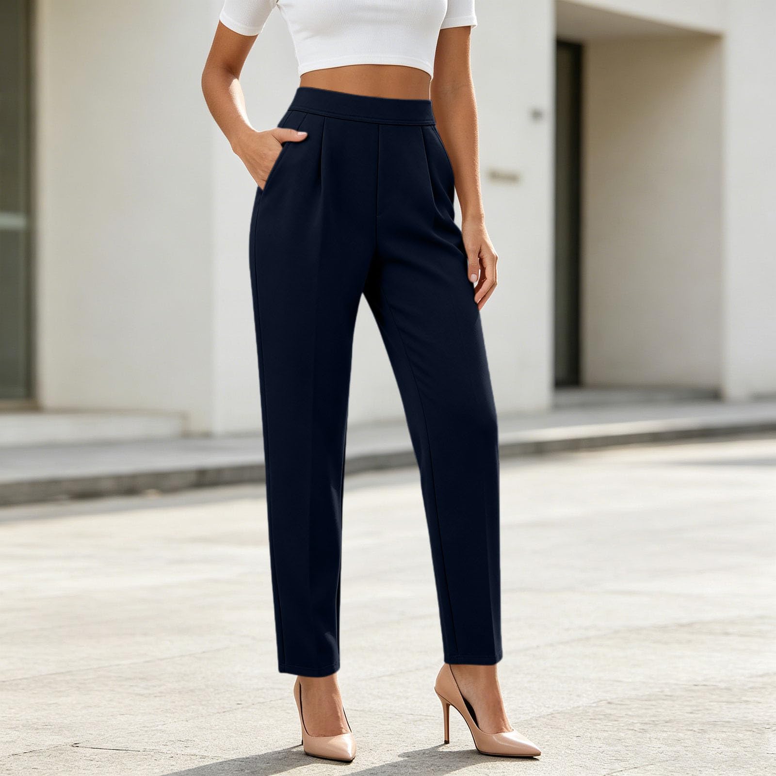 Générique Pantalon Costume Femme Été Couleur Unie, Décontracté Pantalon Taille Haute Élastique avec Poches, Pantalons Léger Jambe Droite, Pants Fluide Chic pour Travail Ville Maison