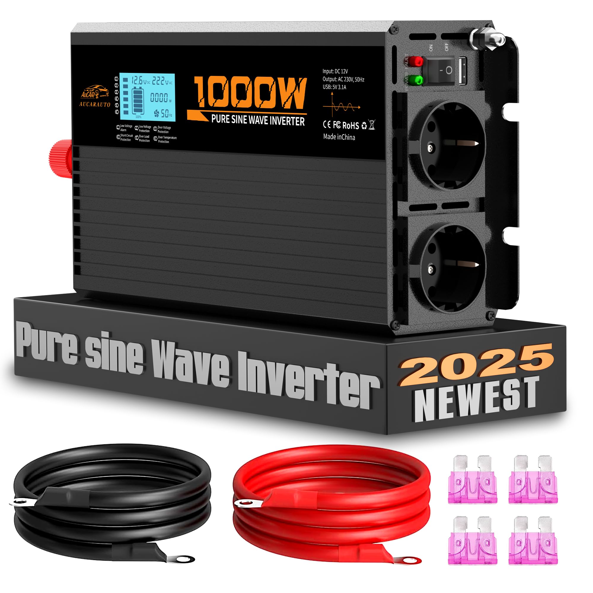 Convertitore di tensione da 1000 W/2000 W, sinusoidale pura, 12 V a 230 V, convertitore di corrente con display digitale a LED e 2 prese per auto, ricarica la macchina da caffè, frigorifero