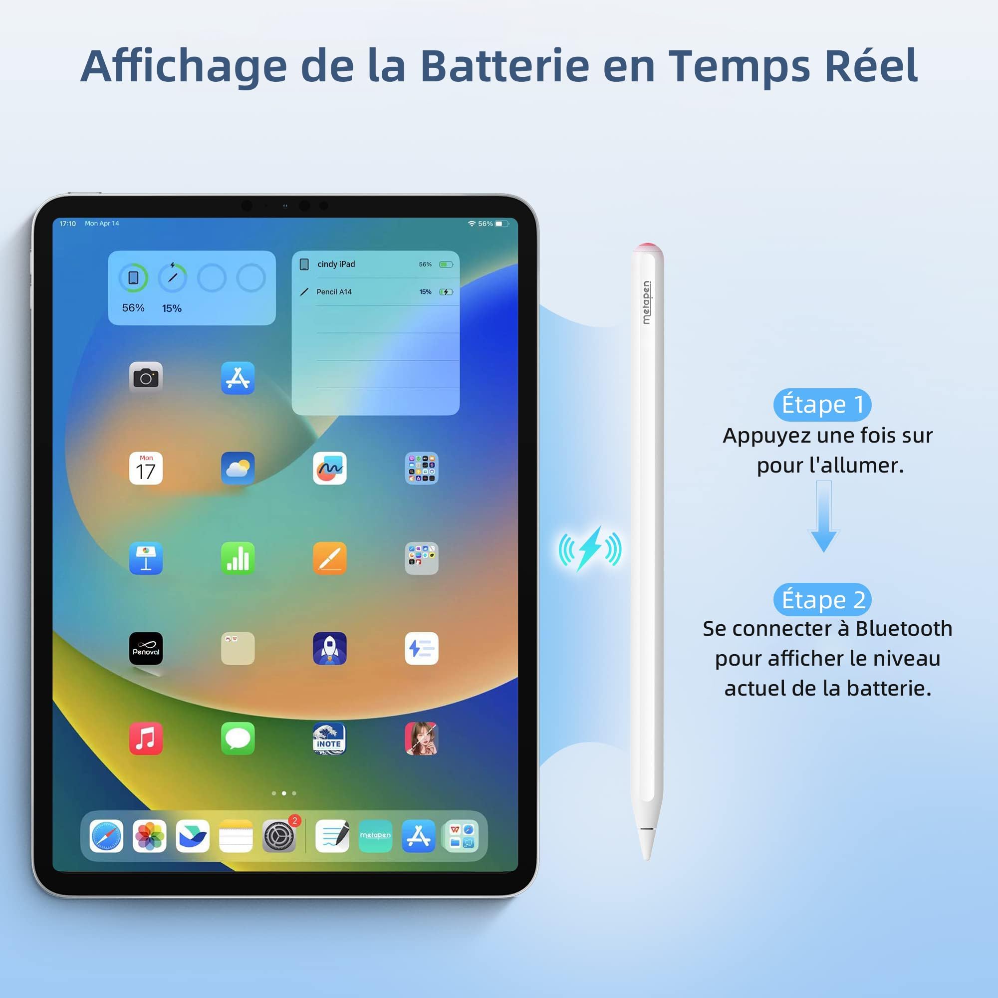 Metapen A14 Stylet pour iPad, Charge magnétique sans Fil & raccourcis Bluetooth,Compatible avec iPad Pro 11″ (1re–4e gén.) 12,9″ (3e–6e gén.), iPad Air 4e gén., iPad Mini 6