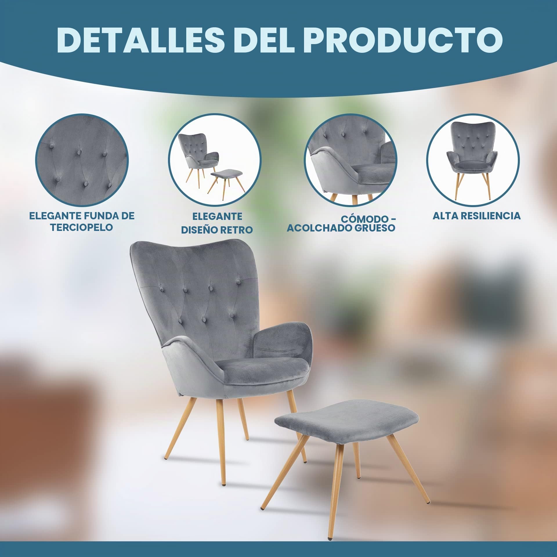 Albatros Sillón de Orejas Taburete York, Gris, Funda de Terciopelo, cómodamente tapizado, butaca para TV, sillón tapizado