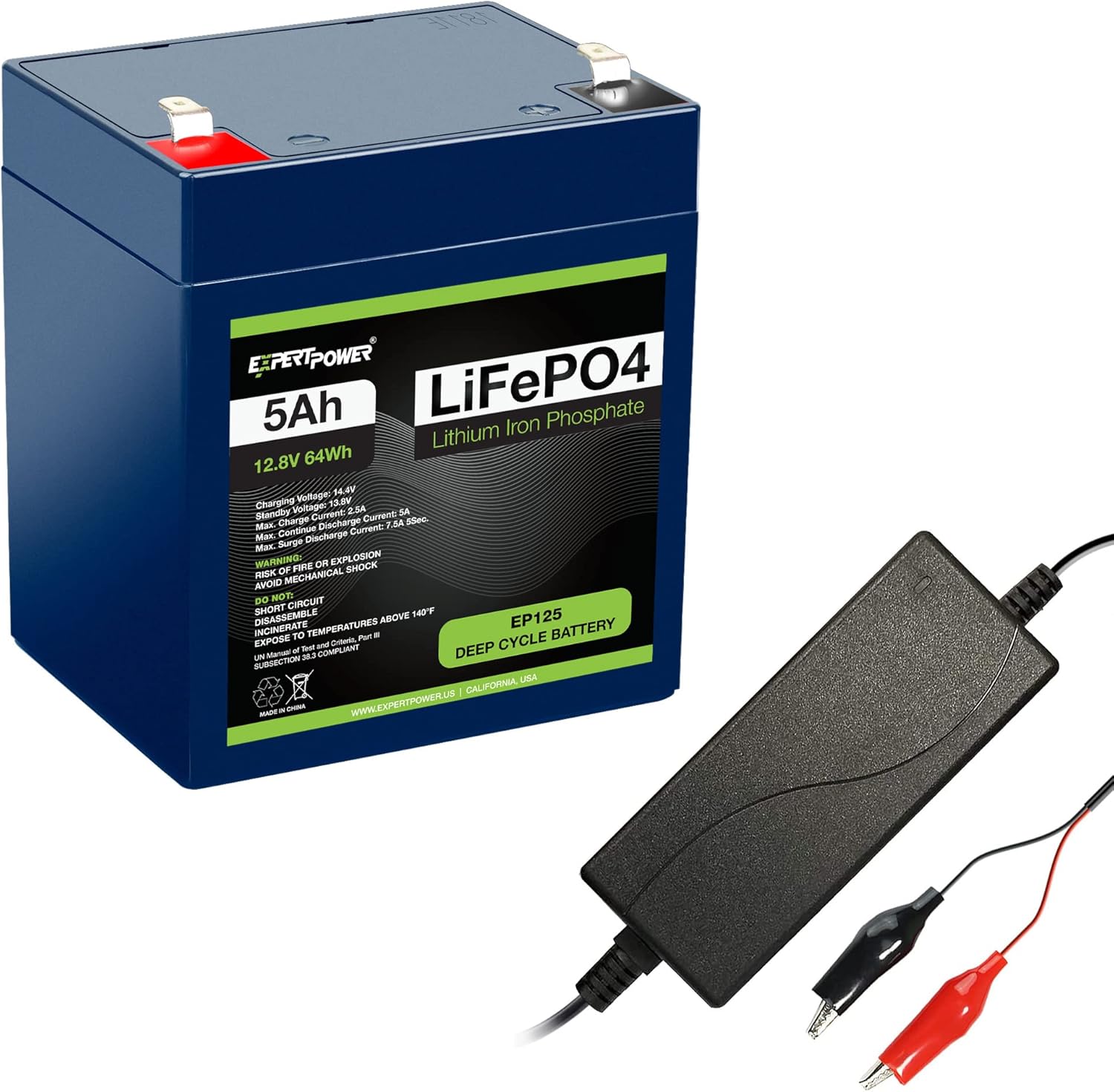 ExpertPower Battery & Charger Bundle - 12V 2A Charger / 12V 5Ah Battery Lithium LiFePO4