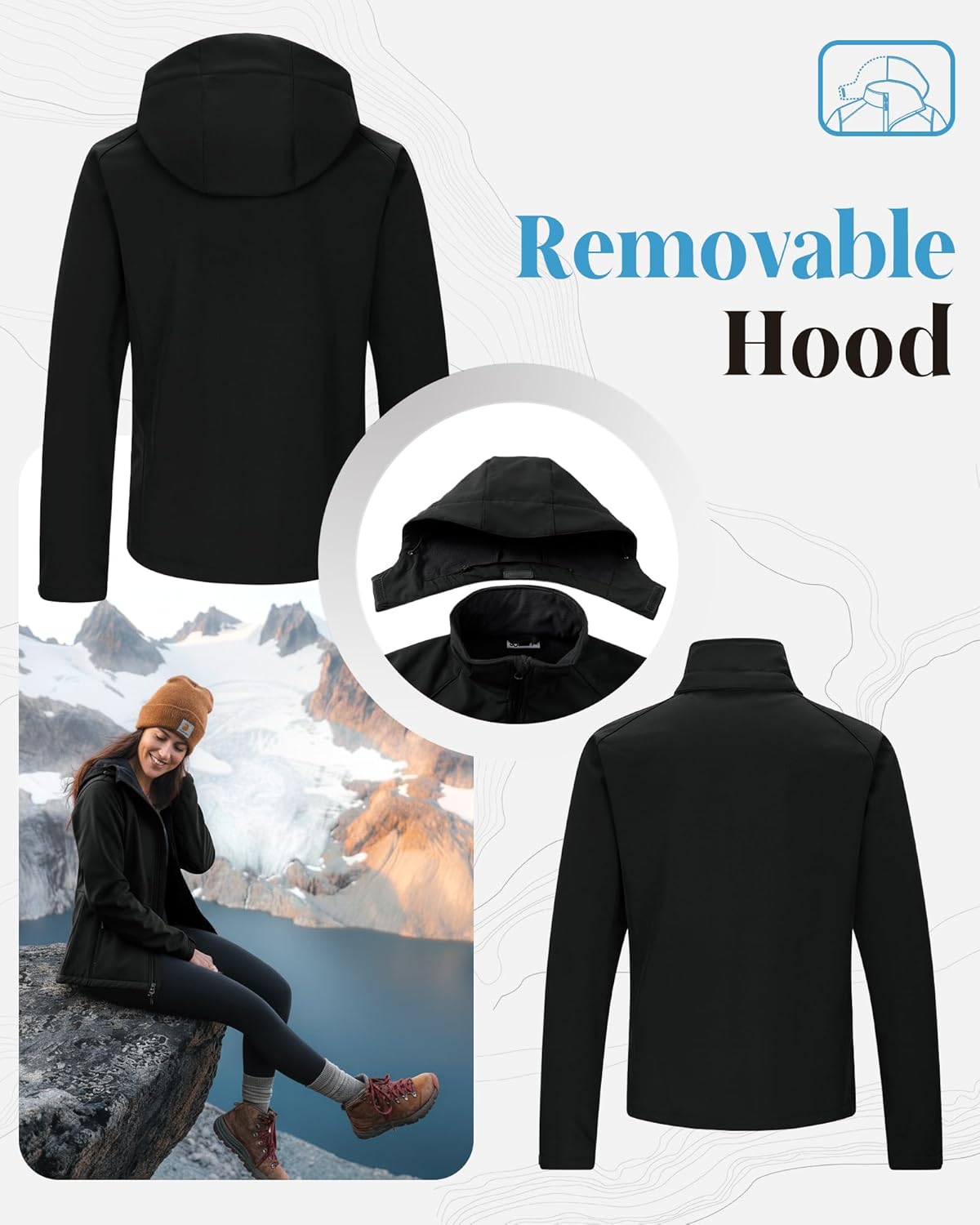 33,000ft Women's Waterproof Softshell Jacket with Removable Hood Lightweight Fleece Lined Warm Insulated Rain Windbreaker - Image 3