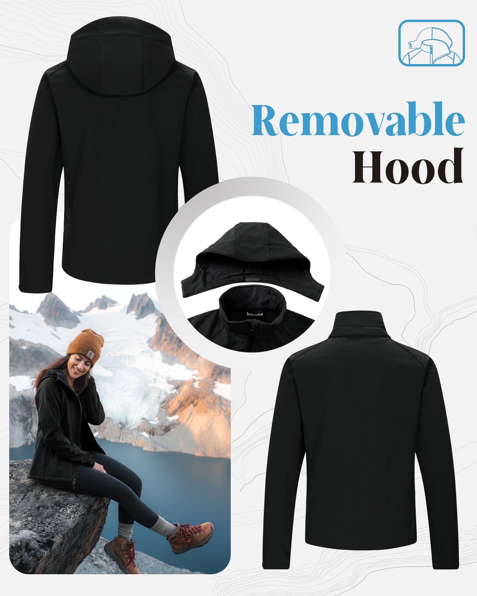 33,000ft Damen Softshelljacke mit Abnehmbarer Kapuze Wasserdichte Atmungsaktiv Fleece Gefütterte Winterjacke Winddichte Übergangsjacke Funktionsjacke zum Radfahren, Wandern