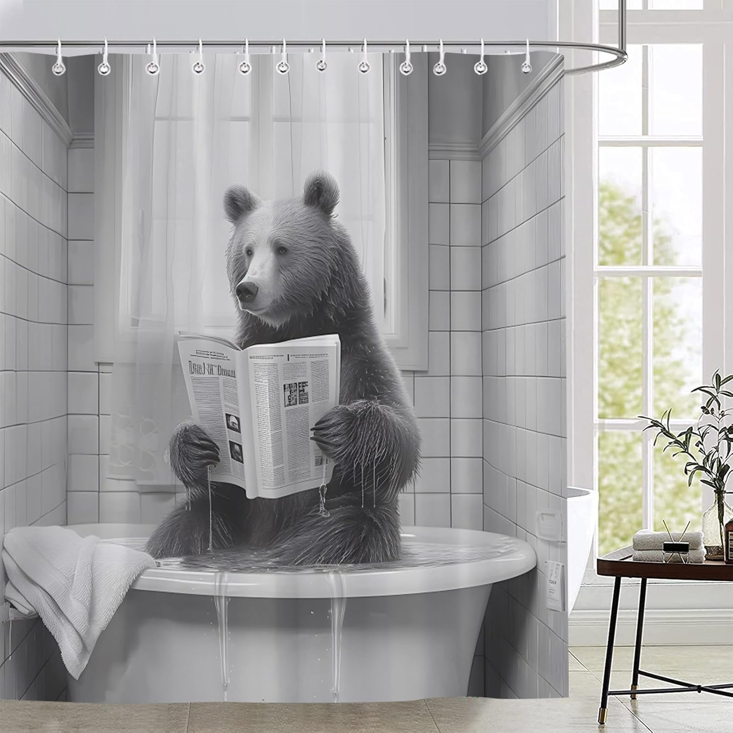 Funny Bear Shower Curtain Cute Wildlife Reading Newspaper Black White Bathroom Decor Modern Fashion Home Curtains with Hooks 80X70 Inch, YL5899AM-200X180CM