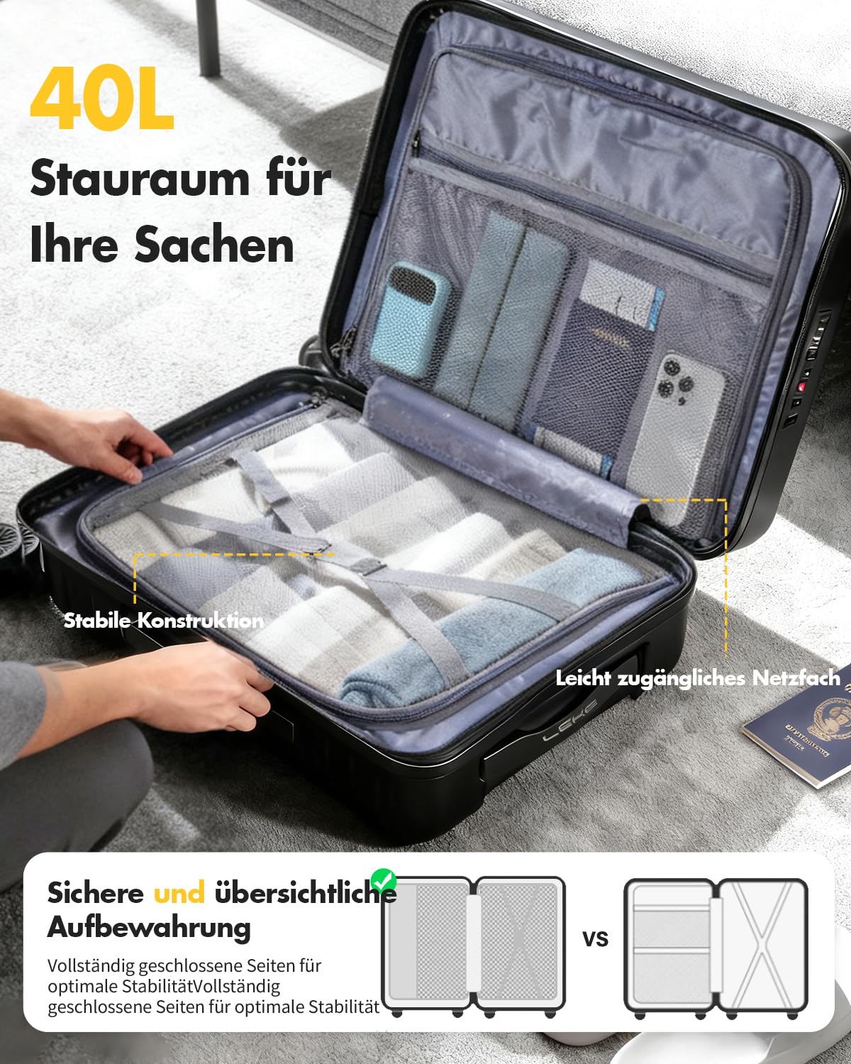 Lekesky Handgepäck Koffer 55x40x20cm - Trolley Handgepäck mit TSA Schloss und 4 Abnehmbaren Rollen, Leicht Hartschale für Ryanair, Lufthansa, Eurowings, 40L, Schwarz