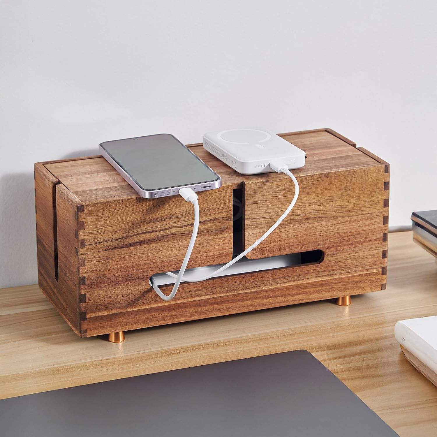 SARUFO Acacia Wood Cable Management Box - Wooden Cord Hider with 4 Metal Feet​, Organizer for Desk & Floor, Power Strip TV Wire Concealer, Under Desk Storage for Office, Home Electrical Cables