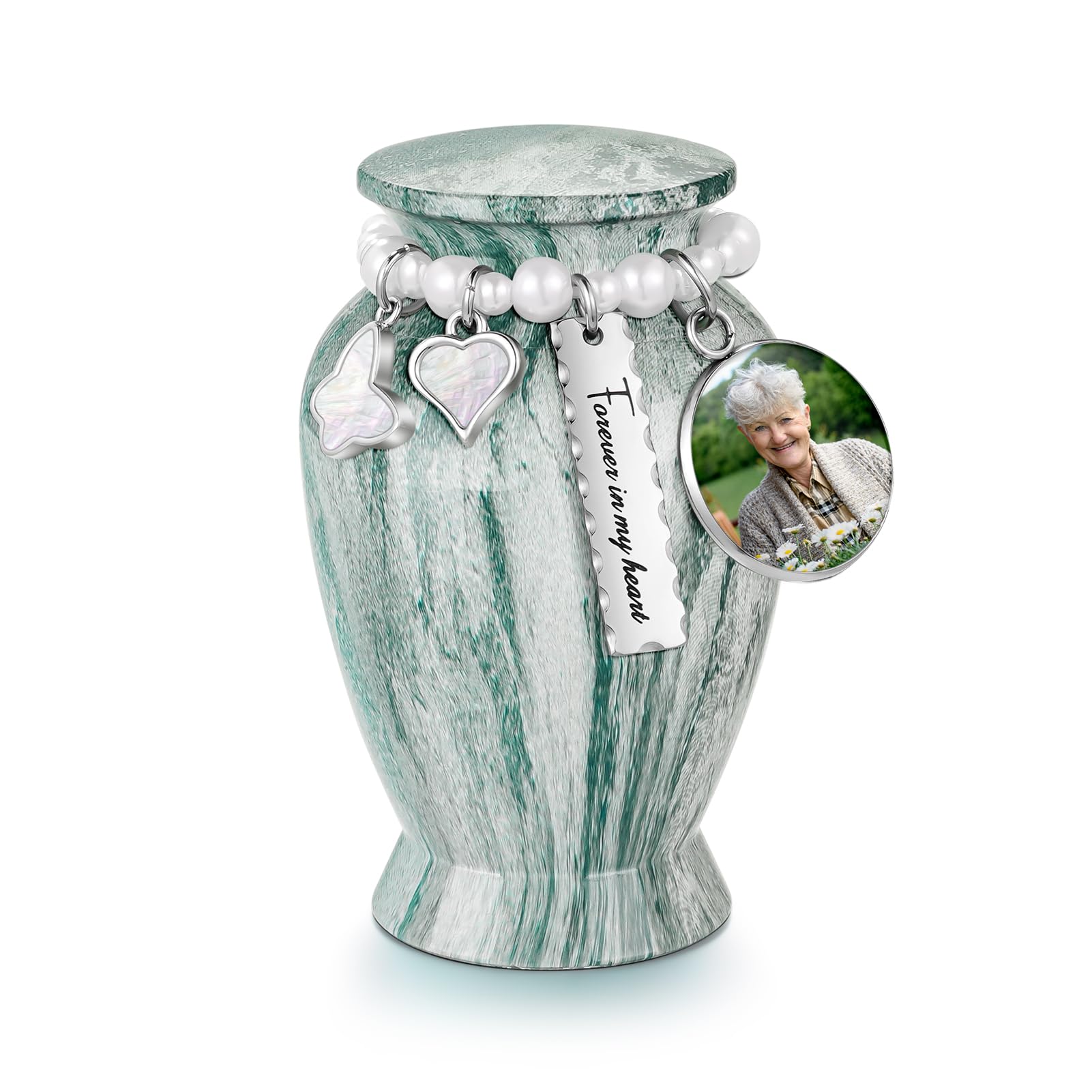 Memorials Small Urns for Human Ashes Keepsake Aluminum Mini Urns for Ashes with Angel Wing Charm Decorative Burial Urn Funeral Cremation Urns for Women and Men (Lake Green, Customizable)