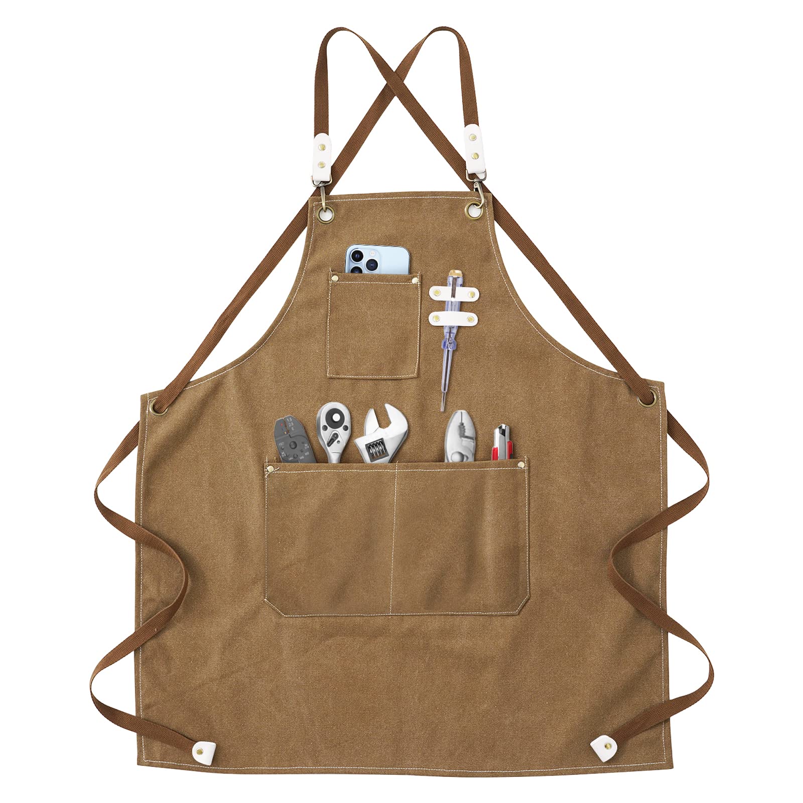 Grembiule da Lavoro, Grembiule Donna/Uomo Durevole di Tela con 3 Tasche per Falegname Tatuatore Fabbro Pittore Barista, Design a Tracolla, Adatto per Casa Lavoro Campeggio all'Aperto - Marrone