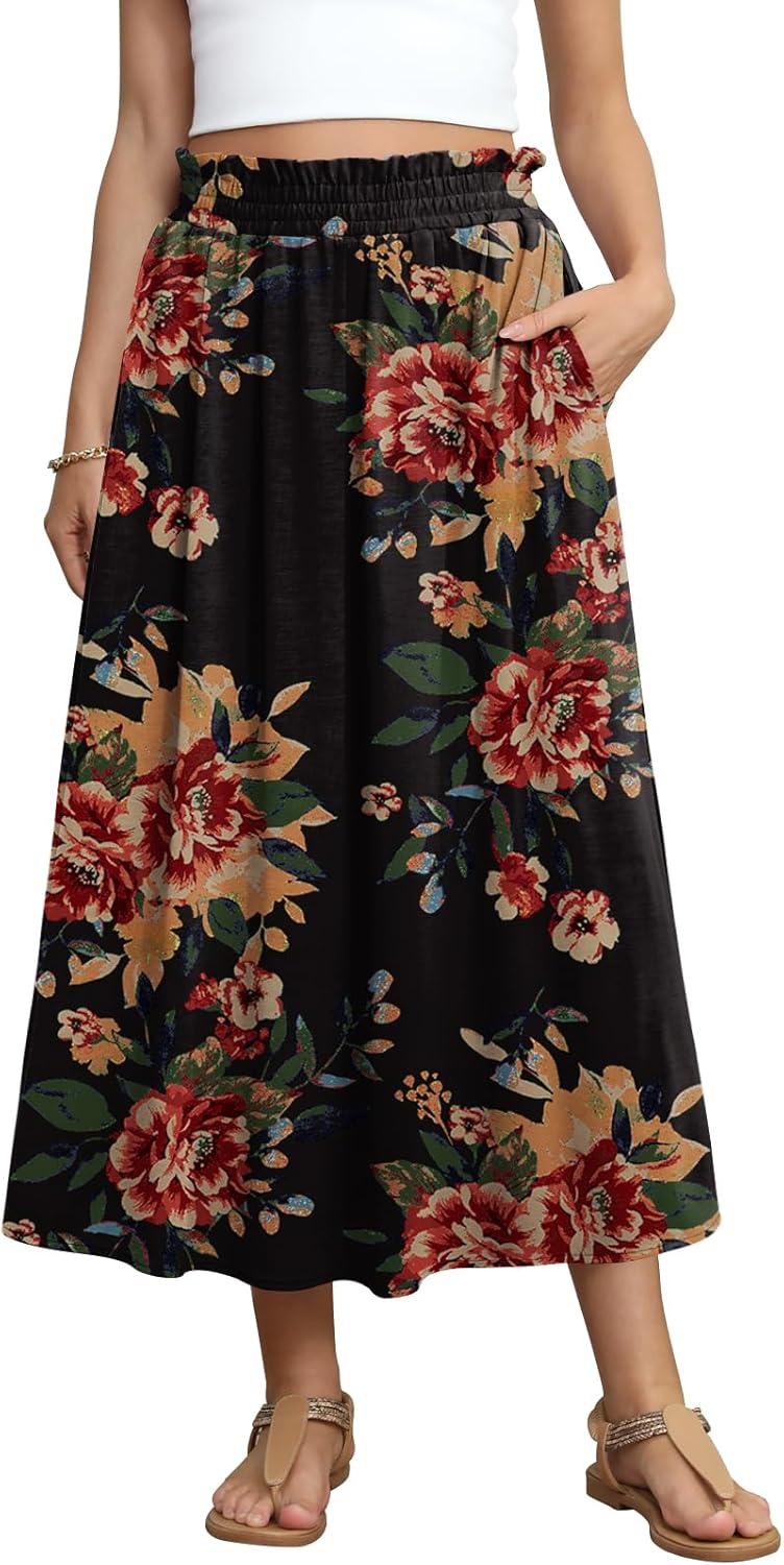 DouBCQ Womens Long Skirt Casual Elastic High Waist Flowy Pleated Maxi Skirts with Pockets - Image 2