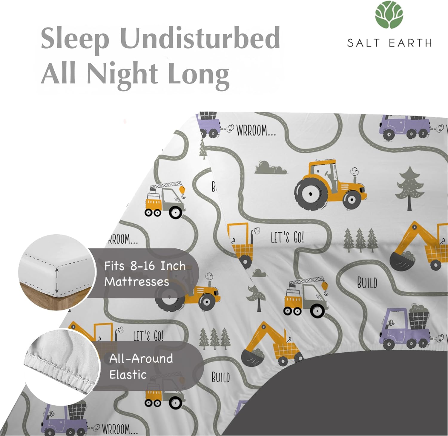 Salt Earth 100% Cotton 210TC Kids Bedsheet, Twin Fitted Sheet, Toddler Bed, 2 Piece Bedding Set- 1 Fitted Sheet and 1 Pillowcase, Themed Toddler Bed Sheets, Cute Sheets for Kids Bed (Tractor) Tractor 2PC Set - 1Fitted+1Pillowcase image 3 of 6 B0DTHFY38N