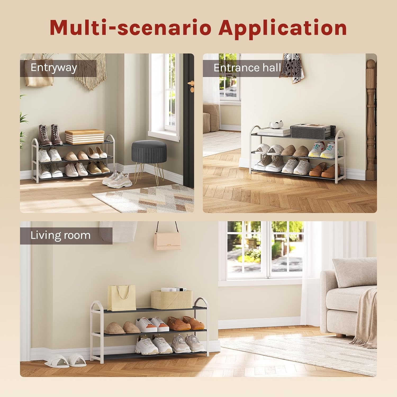 WOLTU 3-Tier Shoe Rack in different home settings: entryway, entrance hall, and living room