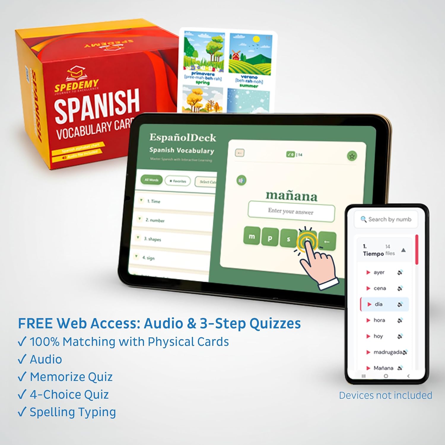Spanish Vocabulary Cards for Kids & Adults Beginners - 276 Bilingual Study Cards 720 Words with Interactive Web Learning Portal: Native Audio, 4-Step Quizzes, Typing Games - Learning Resource - Image 5