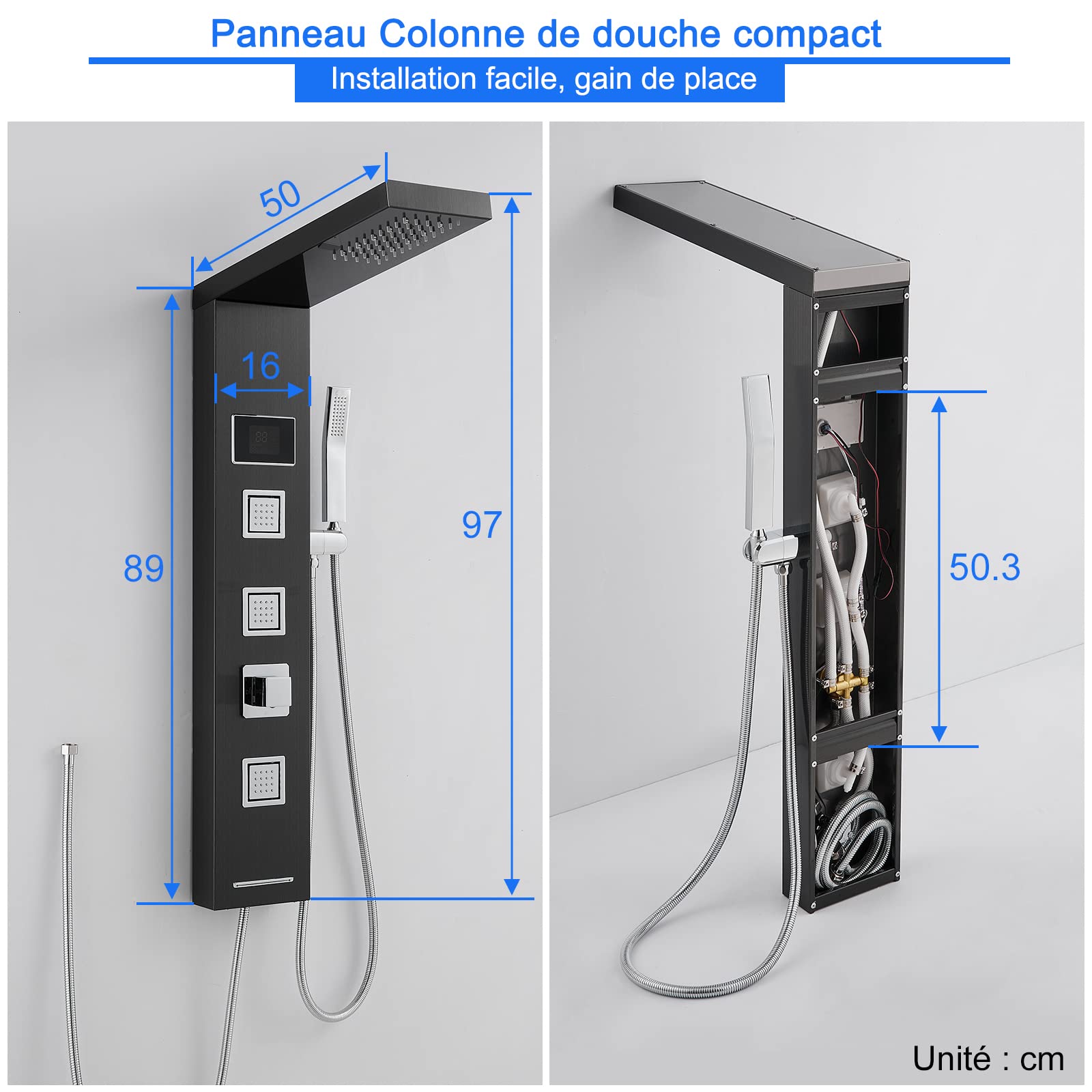 ROVOGO Panneau Colonne de Douche Hydromassante Led sans Robinetterie, 5 Fonctions: LED Douche Pluie, Jet de Massage, Douchette, Bec Bain déverseur et Affichage de La température, Acier Inox 304, Noir