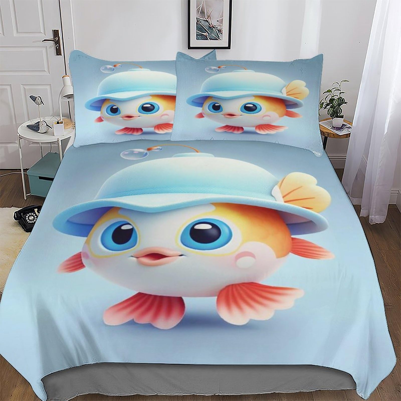 Poisson Housse de Couette Anti-Plis et Facile à Laver 220x240cm