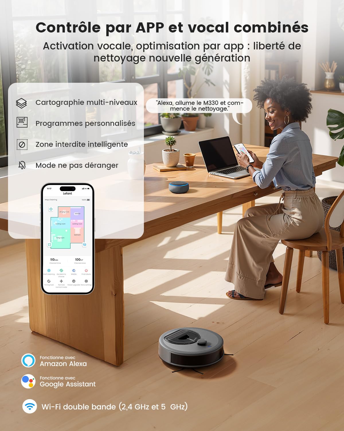 Lefant M330 Robot Aspirateur Laveur, 3 en 1 Aspirateur Robot, Navigation dToF, Cartographie, 5000Pa, 150min, Évitement d'obstacles, Zones Virtuelles, Évitement d'obstacles PSD, Alexa/APP/WiFi, Gris