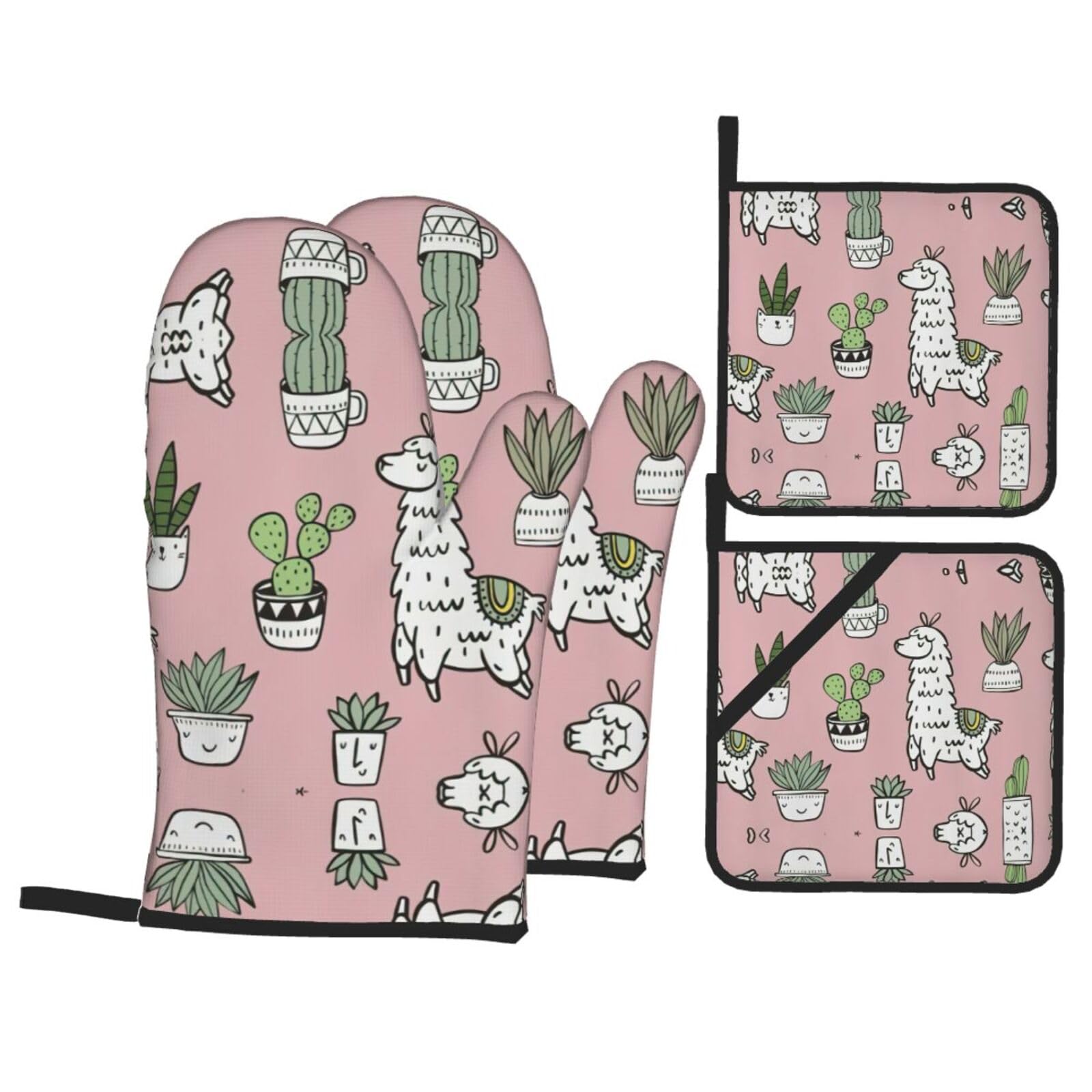 Alpaca and Cactus Print Stylish 4-Piece Microwaving Oven Waterproof Kitchen Gloves Baking Holiday Cooking