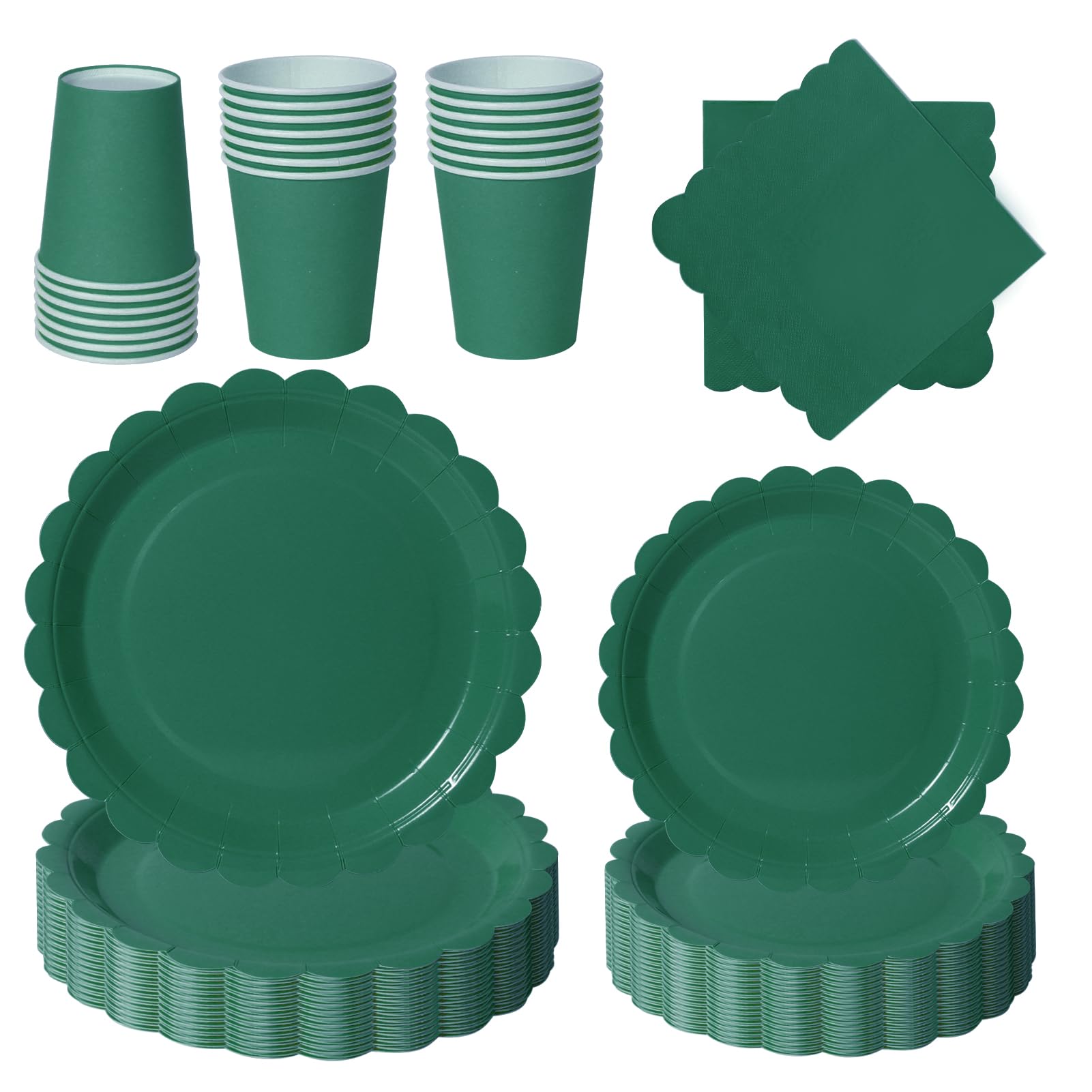 PYAILI 96 Pcs Dark Green Party Tableware Set, Paper Plates Cups Napkins, Dinnerware Set for Kids Adult Birthday,Wedding,Baby Shower Party Tableware
