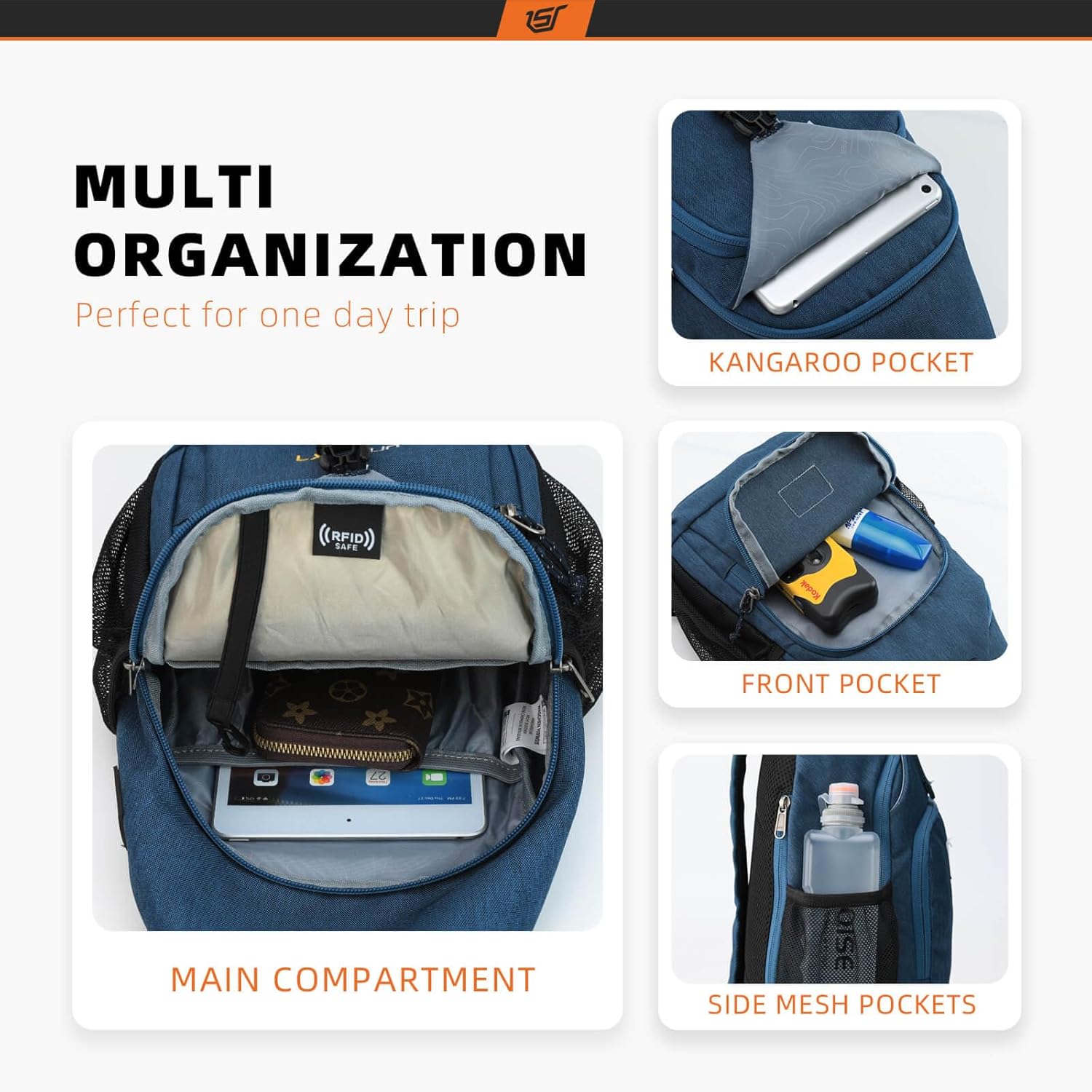 SKYSPER Sling Bag RFID Crossbody Sling Backpack Cross Body Shoulder Bag Travel Hiking Daypack for Women Men(Blue) - Image 2