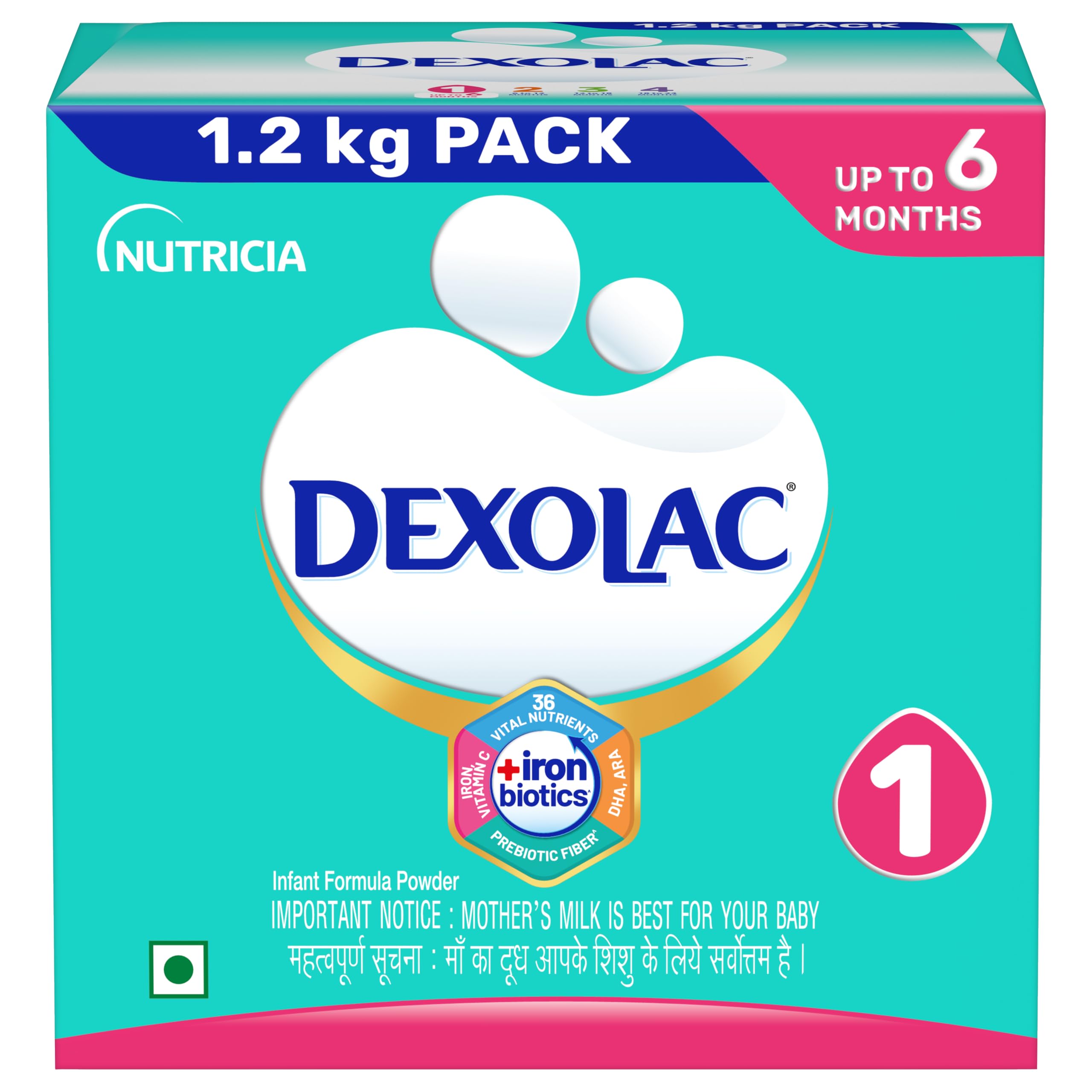 Dexolac Infant Formula Milk Powder for Babies - Stage 1 (Upto 6 Months) - with FOS and 36 Vital Nutrients - 1.2 Kg Large Pack