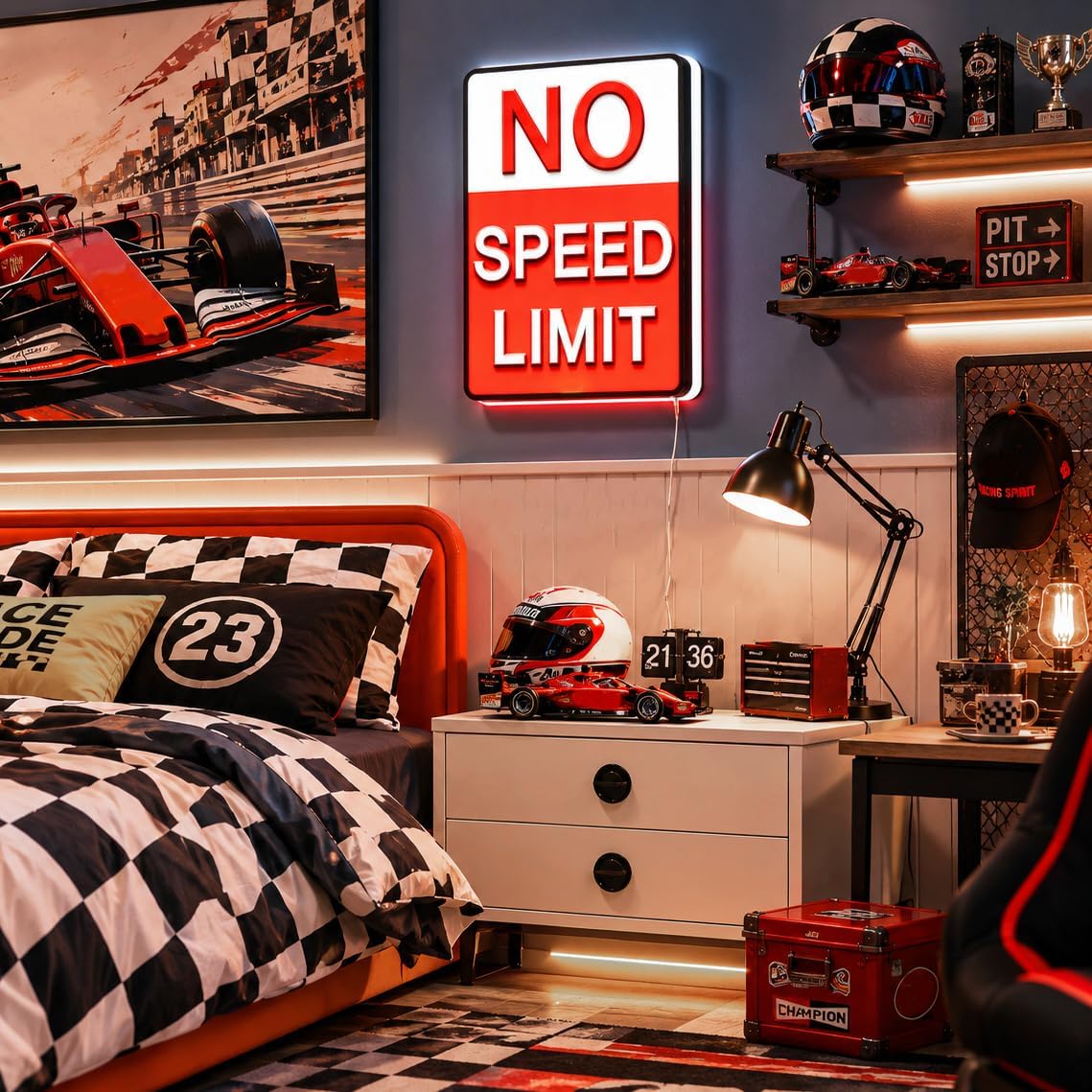 No Speed Limit LED Wall Sign, 3D Printed Retro Vintage Car Wall Decor Lighted Racing Sign for Boys Bedroom, Teen Room, Garage, Man Cave, Car Lover Gift Wall Art image 3