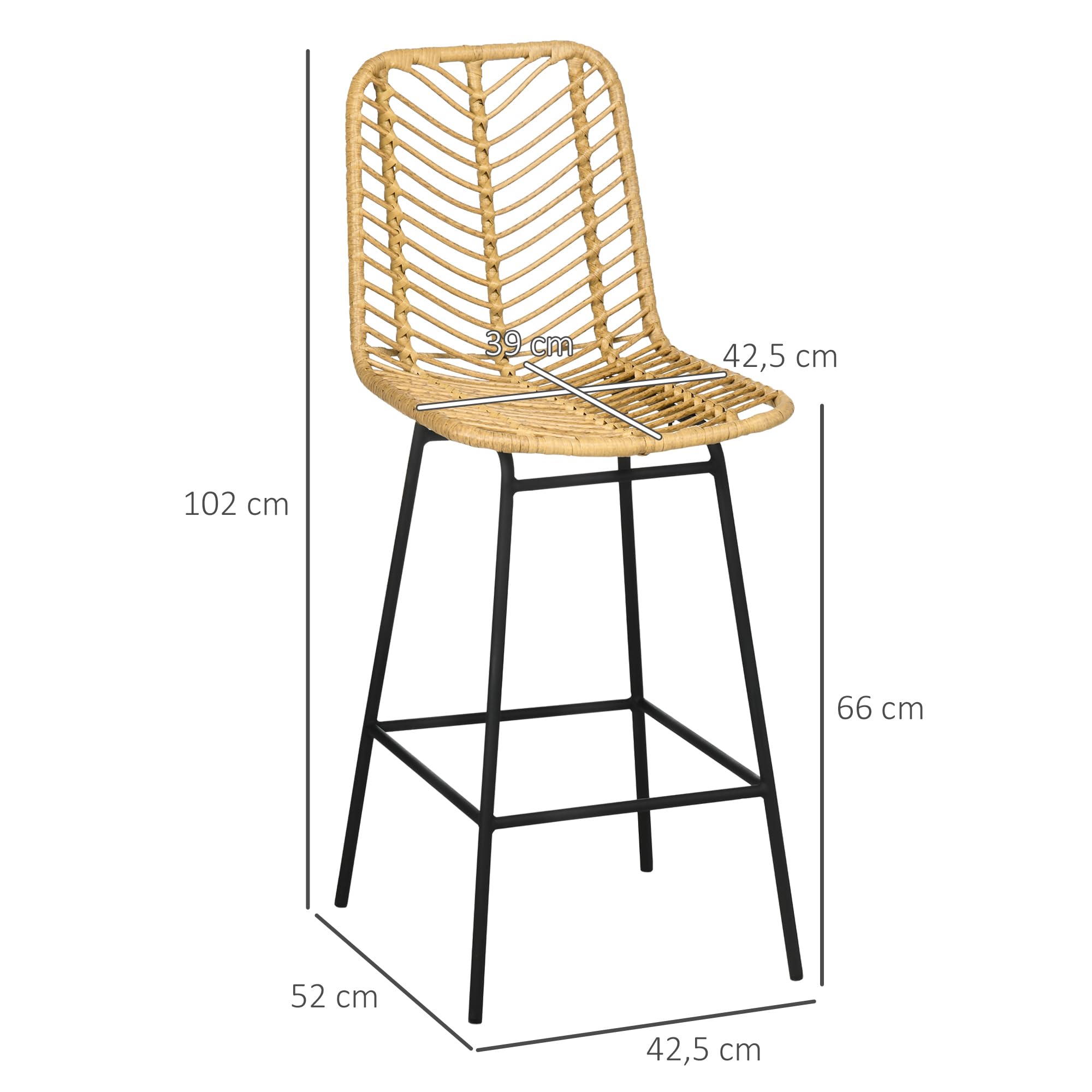 HOMCOM Set di 4 sgabelli da bar, sedie da bar, seduta 66 ore, schienale in cannage e poggiapiedi, telaio in acciaio, design bohemien, sedie alte cucina, sala da pranzo, controsoffitto, giallo