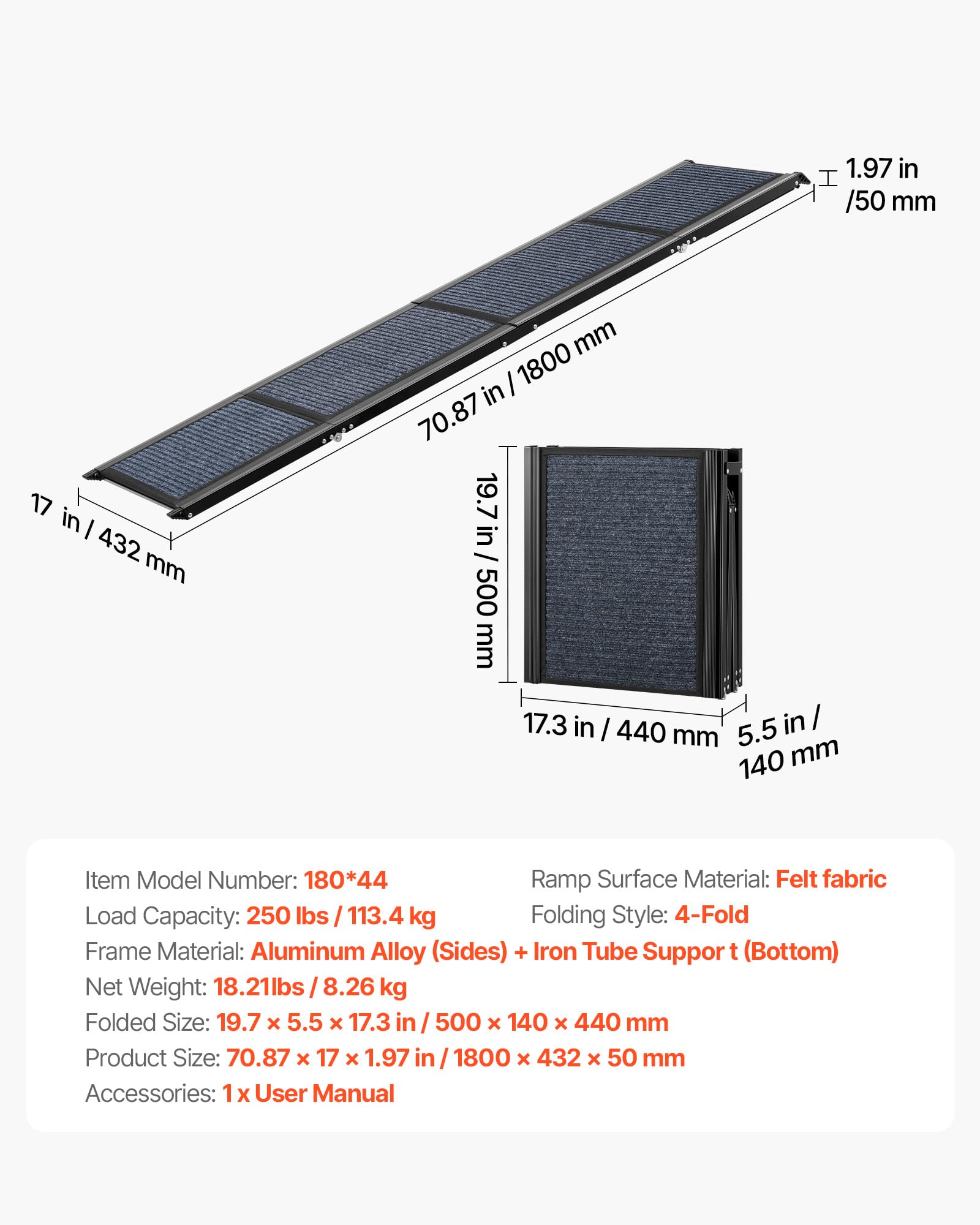 VEVOR Hunderampe, 180 x 43,2 cm, Faltbare Hundeautorampe für mittelgroße & große Hunde bis 113 kg, Hundetreppe mit Rutschfester Filzteppichoberfläche, tragbare Einstiegshilfe für SUV & LKW