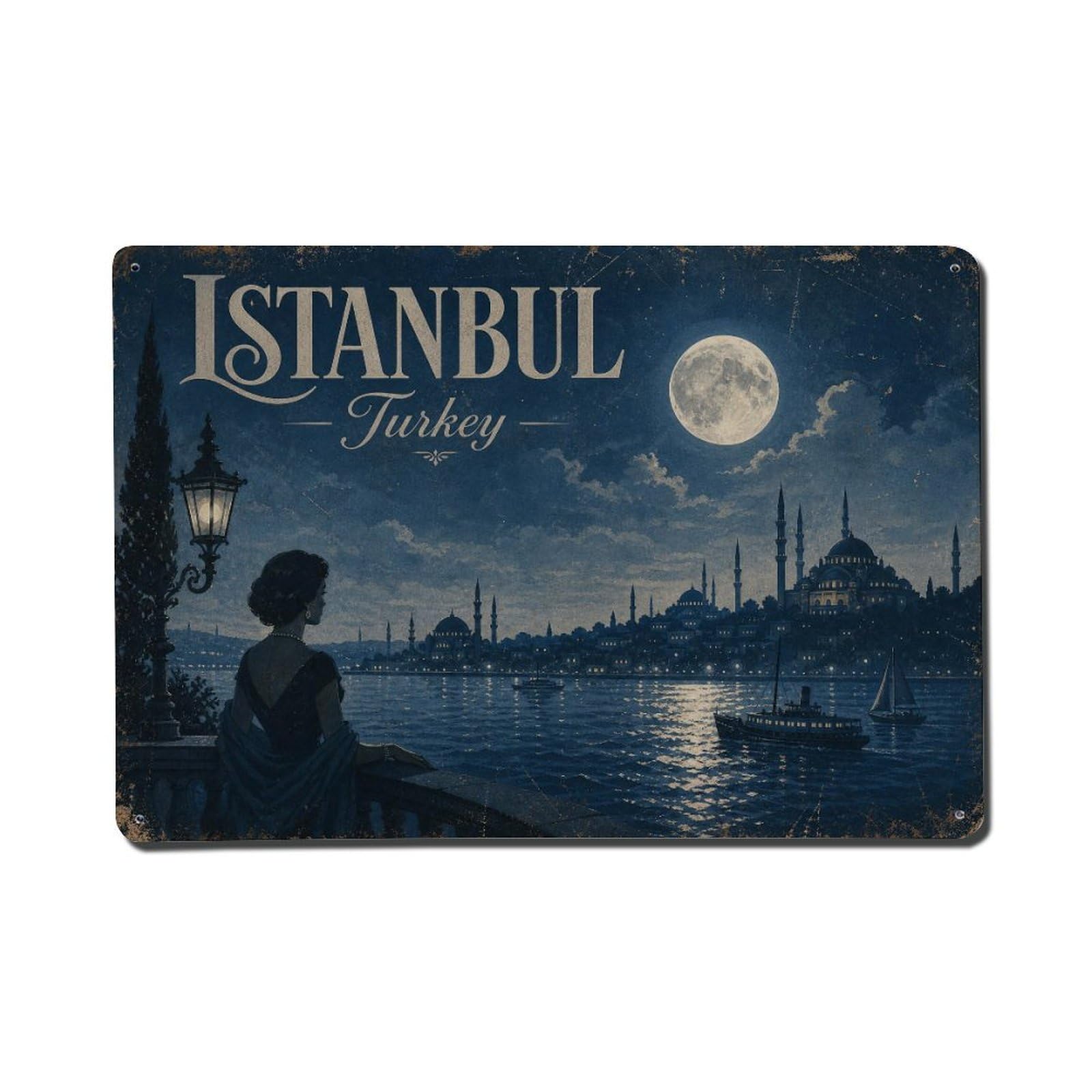 Gead 8X12inch Style Vintage Travel Istanbul Turkey Moonlight Metal Tin Sign
