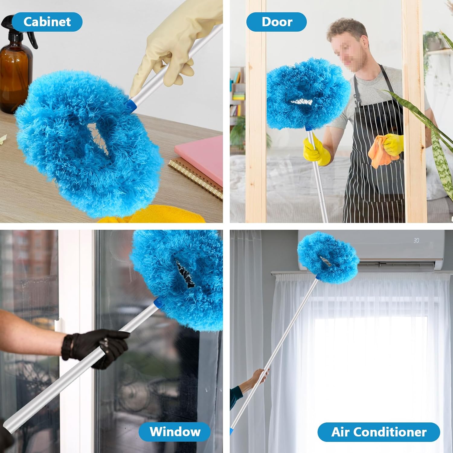LUCKY-M Ceiling Fan Cleaner Duster, Removable Microfiber Ceiling Fan Blade Cleaner Reusable Duster with Extension Pole Adjusts 33 to 57.1 in for Cleaning Bookshelves Wall Door Window Top (Blue)