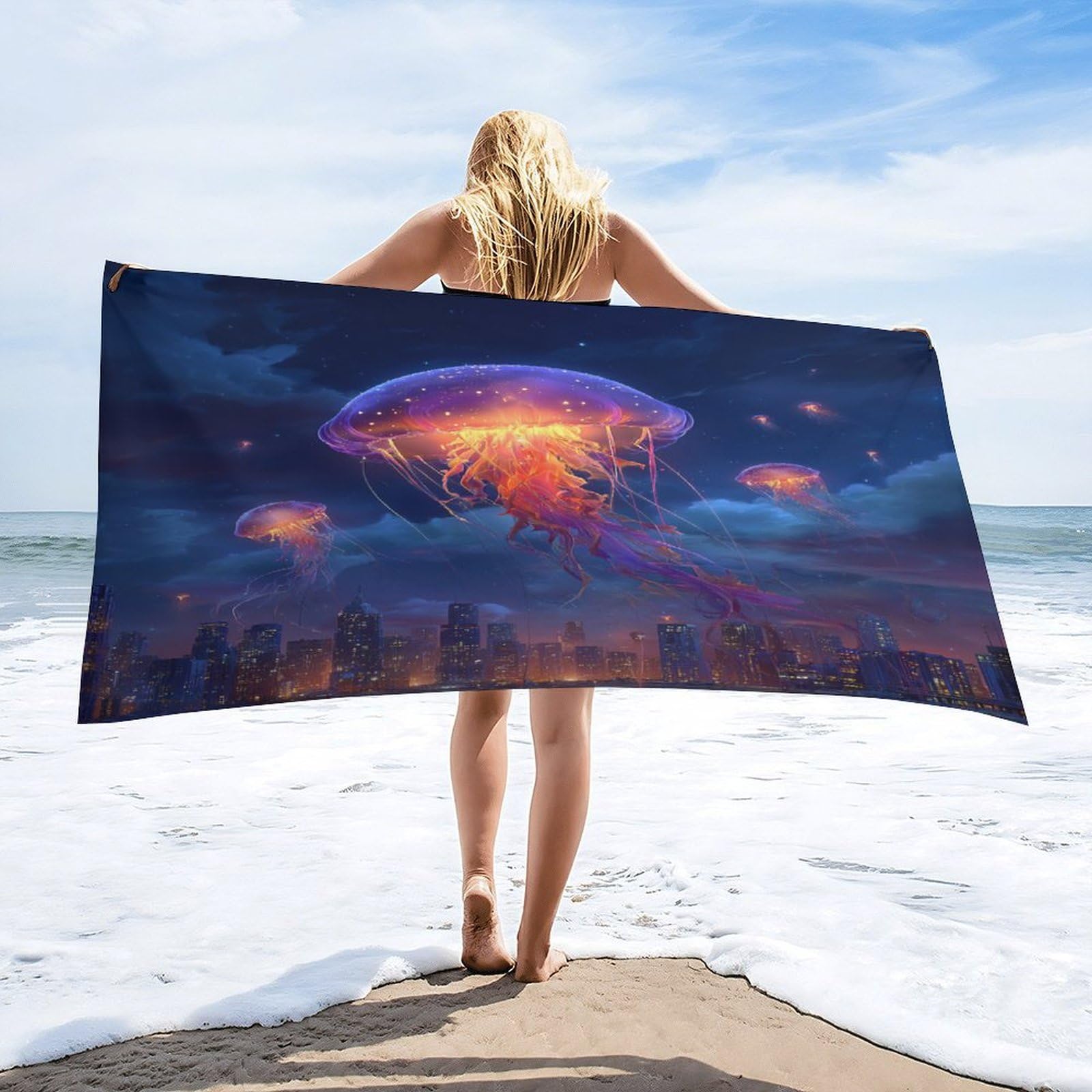 Luyysky Beautiful Abstract Animal Jellyfish Quick-Drying Beach Towel, Colorful Rustic Starry Sky Ocean Life Jellyfish Cityscape Travel Vacation Single Sided Pile Bathroom Towels-80 W Cm X 160" L Cm