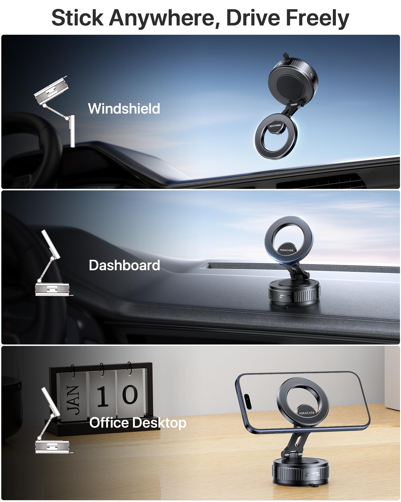 Miracase Houder voor autotelefoon, sterke zuignap, universele mobiele telefoonaccessoires, autohouder voor dashboard, voorruit, ventilatierooster, standaard voor iPhone1514, 13, 12, 11ProMax, Xs XR, X