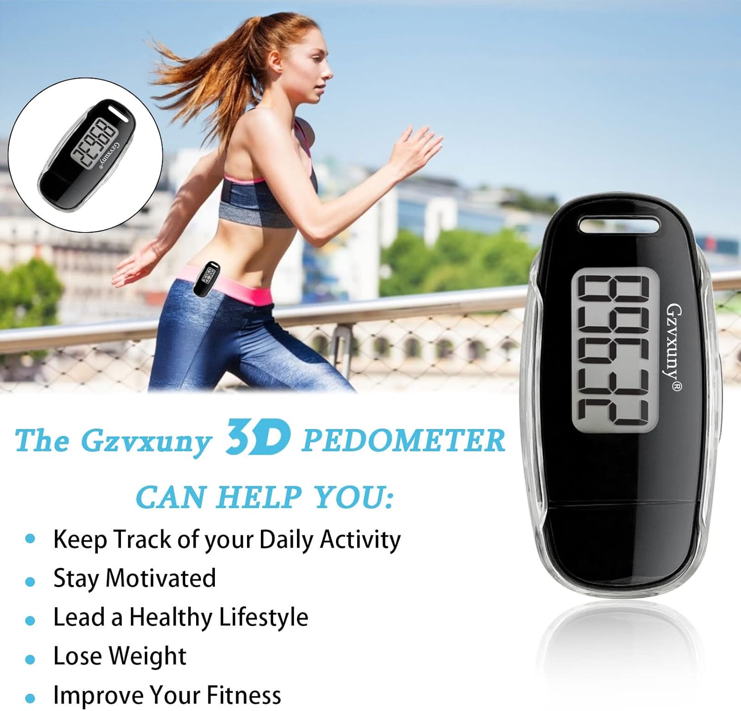 Gzvxuny 3D Pedometer with Clip and Strap, Simple Walking Step Counter, USB Rechargeable Accurate Step Counter, Daily Target Monitor, Exercise Time, Black : Sports & Outdoors