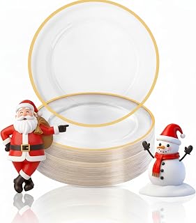 Goodluck 12 Inch Disposable Charger Plates Plastic, 100 Pack Plastic Clear Charger with Gold Rim, Gold Charger Plates for Dinner, Wedding, Party